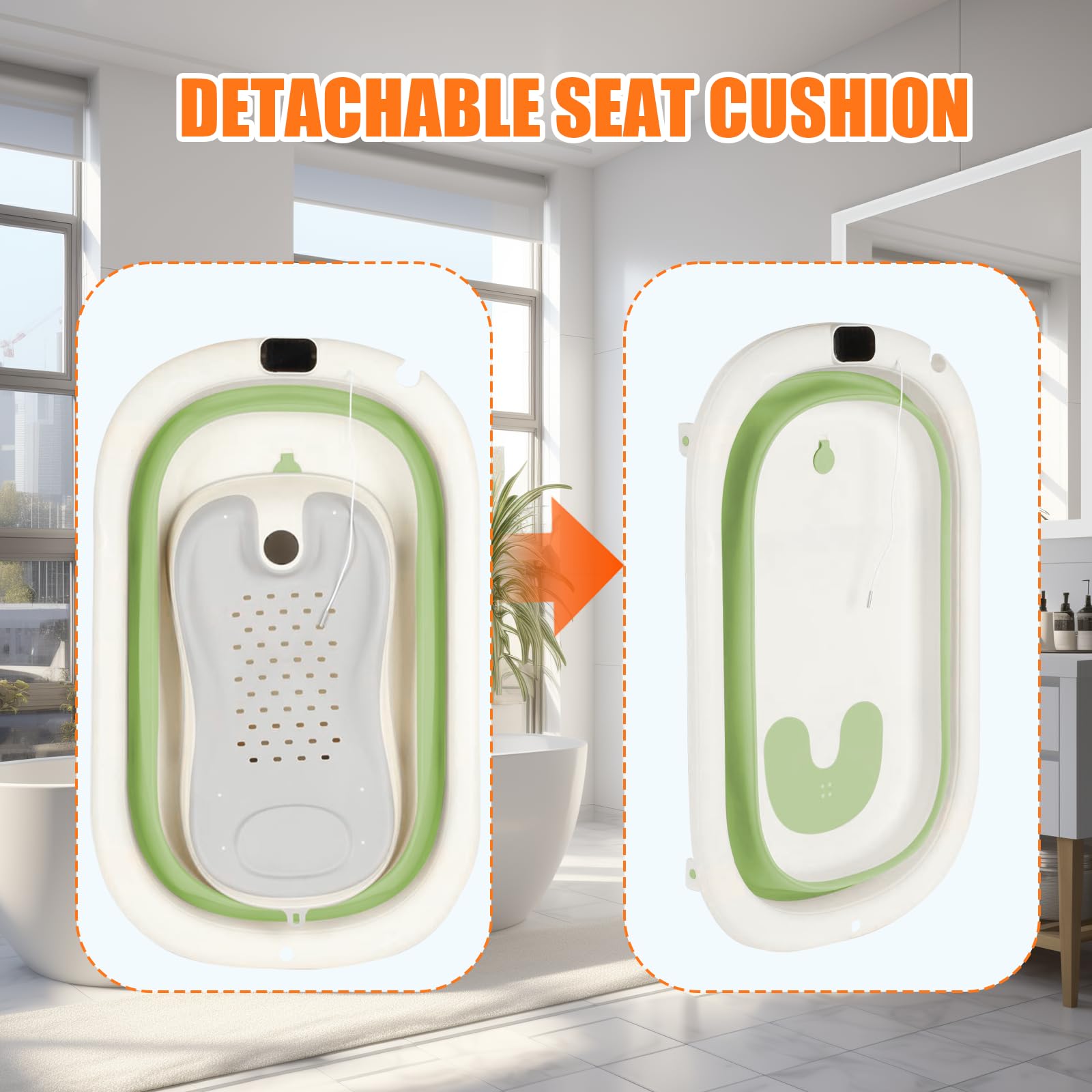 Baignoire Bébé Pliable avec Support Réglable – Bassine Nouveau-Né Pliable Antidérapante avec Thermomètre, Utilisation Facile à la Maison ou en Voyage（Vert）