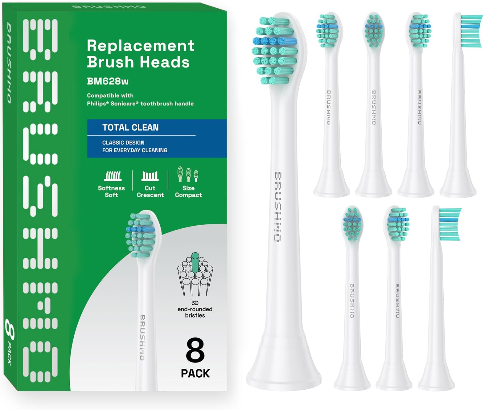 BRUSHMO Total Clean Compact Brush Heads for Philips Sonicare, 8 Pack White