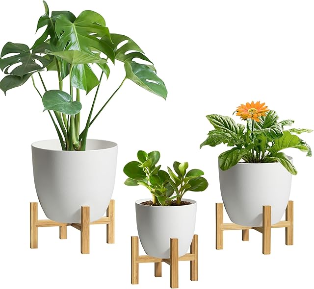 T4U Plant Pots with Stand ( 3 Pots and 3 Stands), 12CM 15CM 18CM Self Watering Planter with Reservoir, White Plastic Flower Pot with Legs for Indoor House Plant Herb Aloe Vera Orchid Peace Lily