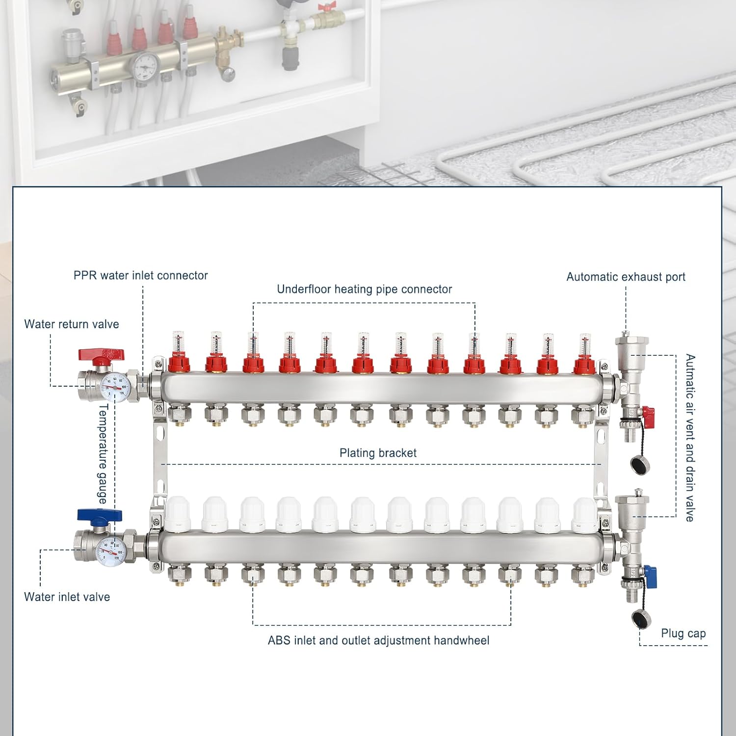 Dollate 12-Loop Radiant Floor Heating Pex Manifold Stainless Steel Floor Heat Manifold Kit With for Hydronic Radiant Floor Heating
