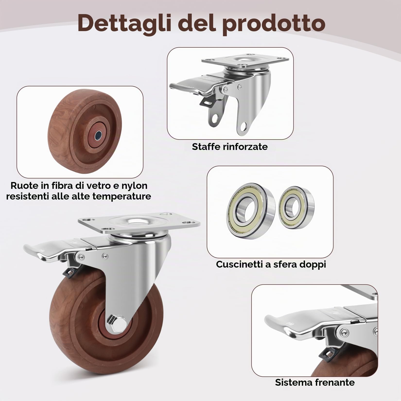 100mm Ruote per Carichi Pesanti con Freno Portata 800KG, Rotelle per Mobili Resistenti alle alte Temperature -20°C à +250°C, Ruote Girevoli per Officina di Fonderia e Saldatura, Set di 4