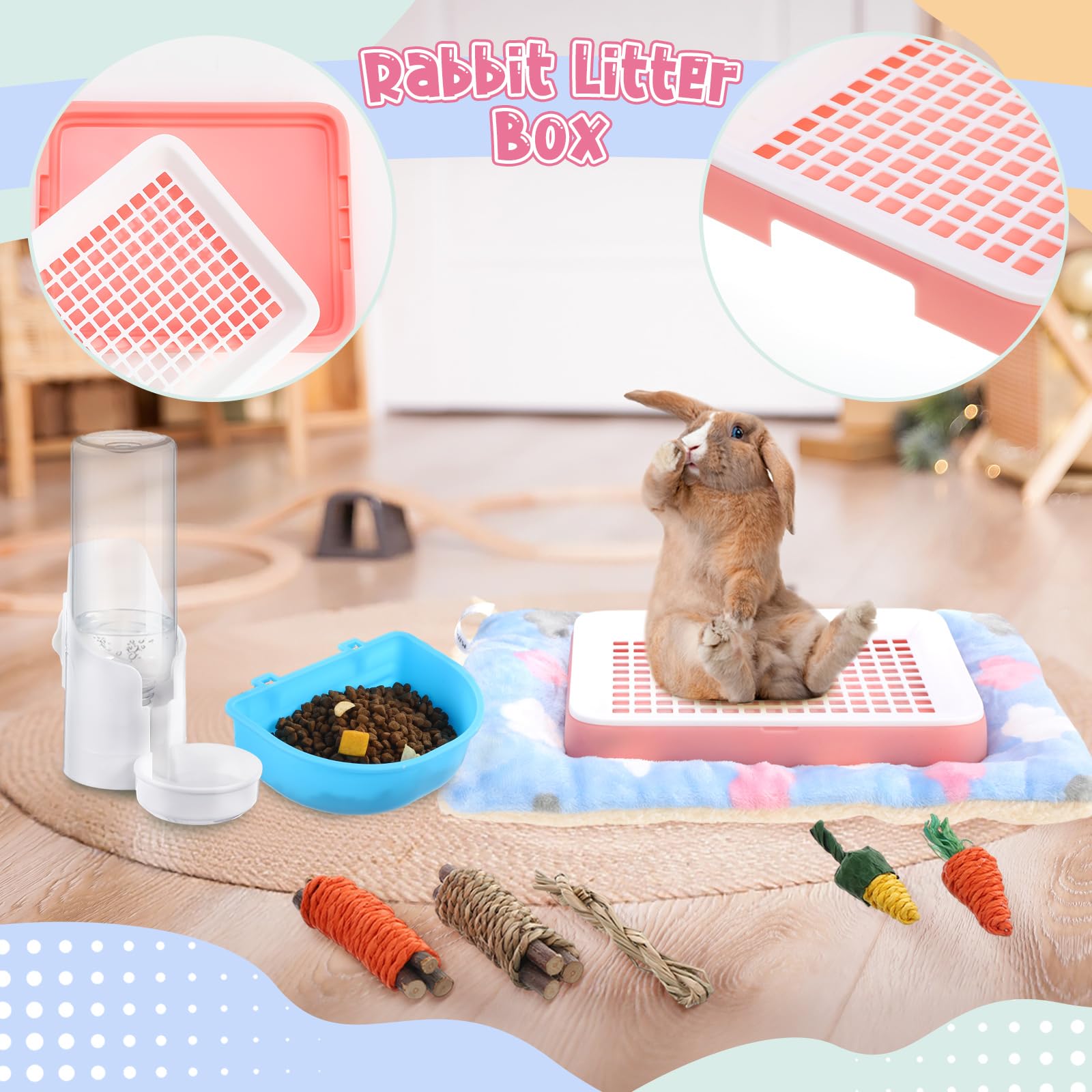 19 Pcs Rabbit Starter Kit Small Bunny Litter Box Rabbit Grooming Kit Water Bottle Bunny Toys Hay Feeder Bowl Blankets with Cleaning Set for Guinea Pig Accessories (Pink-White,Strawberry Bear) - image 3