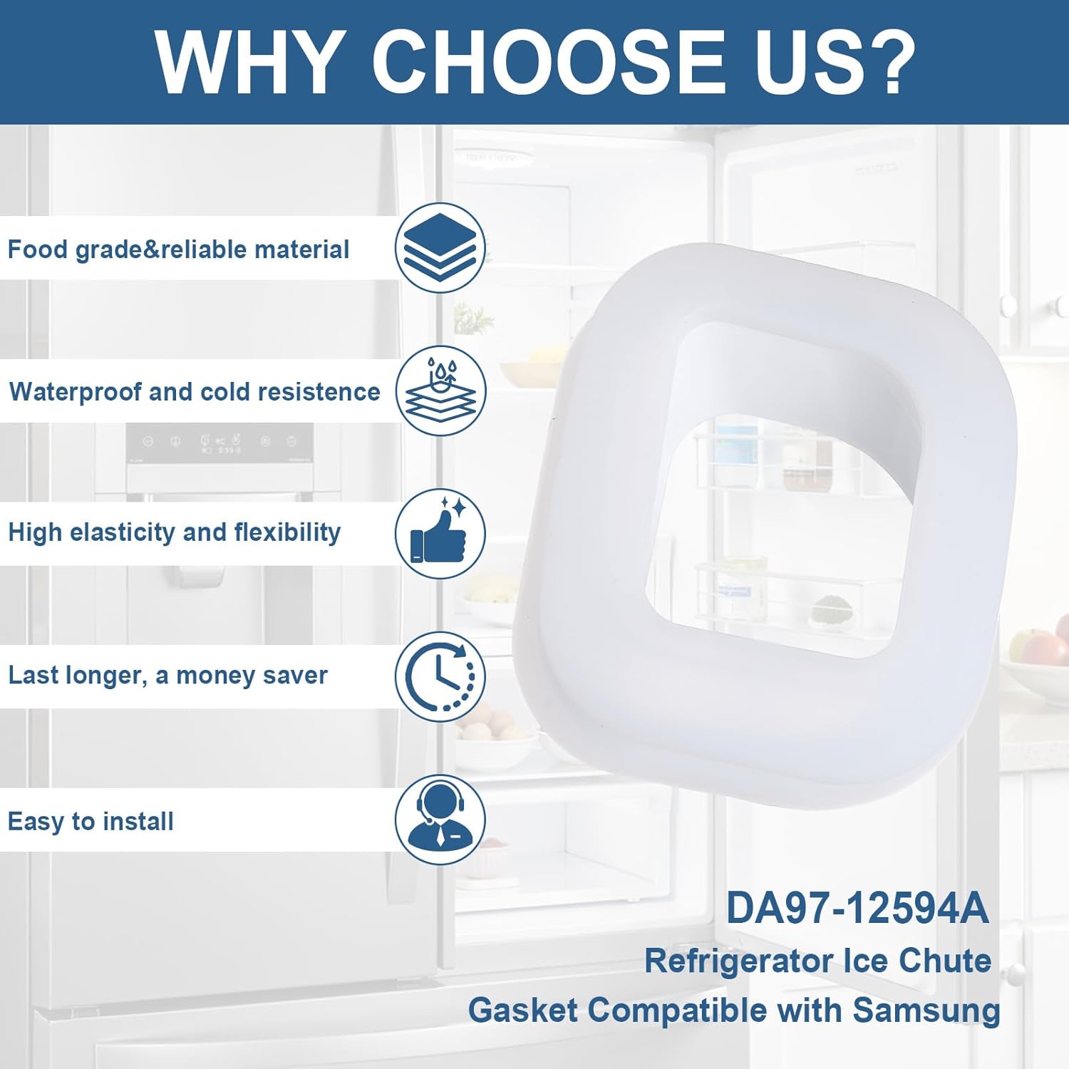 DA97-12594A Refrigerator Dispenser Ice Chute Cap and Gasket Assembly Compatible with Samsung Refrigerator Ice Maker Gasket Replacement Parts RF28HMEDBSR/AA-00, RF28JBEDBSR/AA-00, RF263TEAESR/AA-01