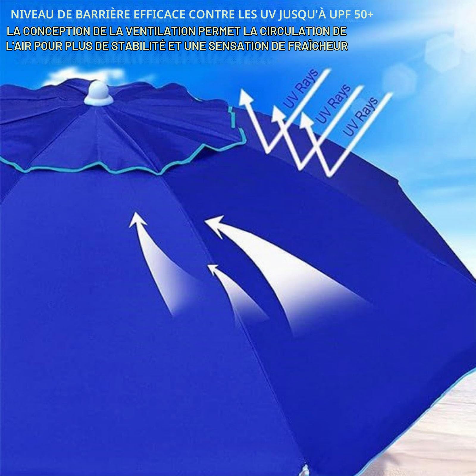 Parasol De Plage Portable 2m Avec Ancre À Sable, Protection Solaire UPF 50+, Parasol Pliable Télescopique 3 Sections, Inclinaison Réglable Pour Voyage, Camping, Terrasse, Jardin, Piscine(Light blue)