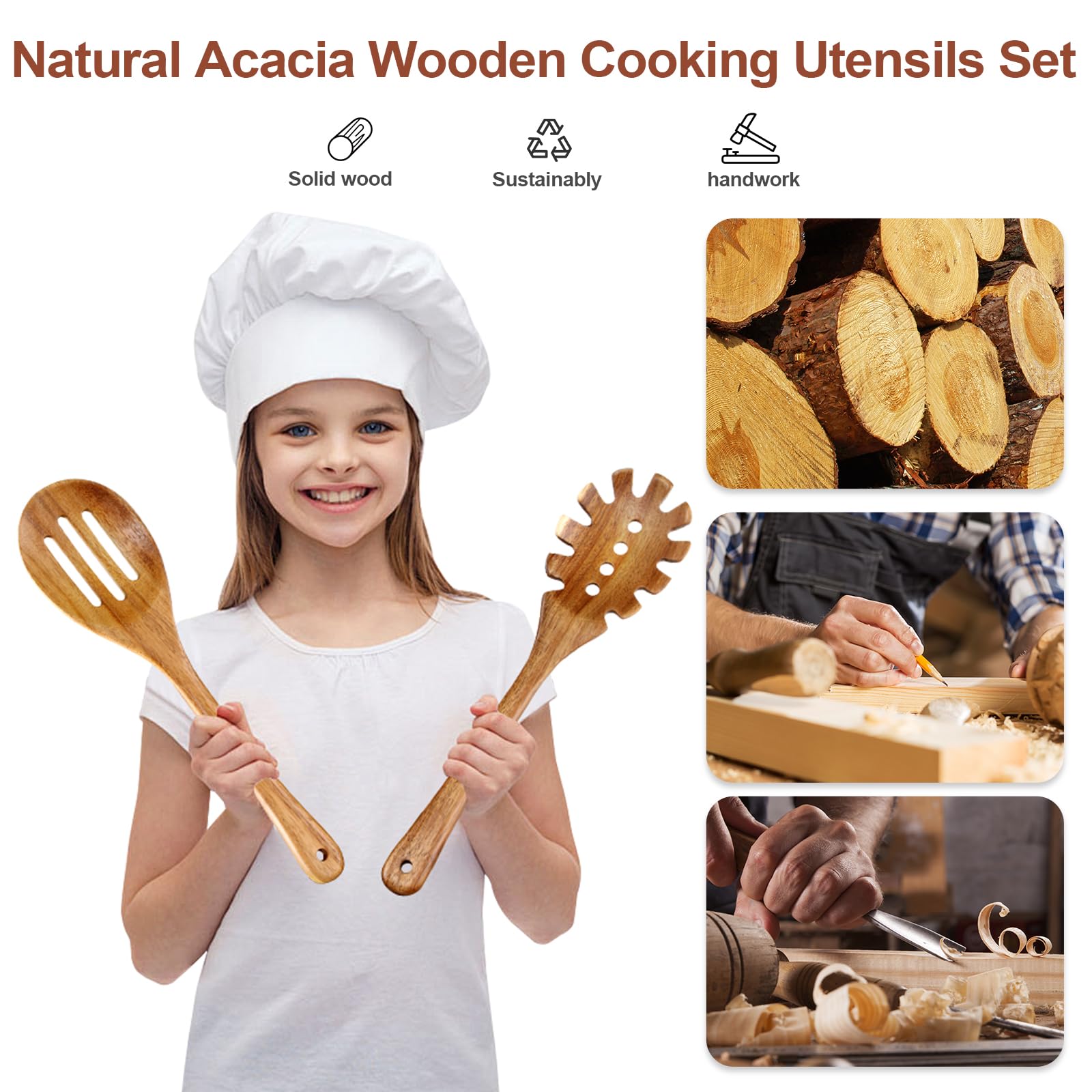 Cucharas de madera para cocinar, 6 piezas de utensilios de cocina de madera de acacia natural con diseño antiadherente y resistente al calor, juego de utensilios de cocina de madera con agujero
