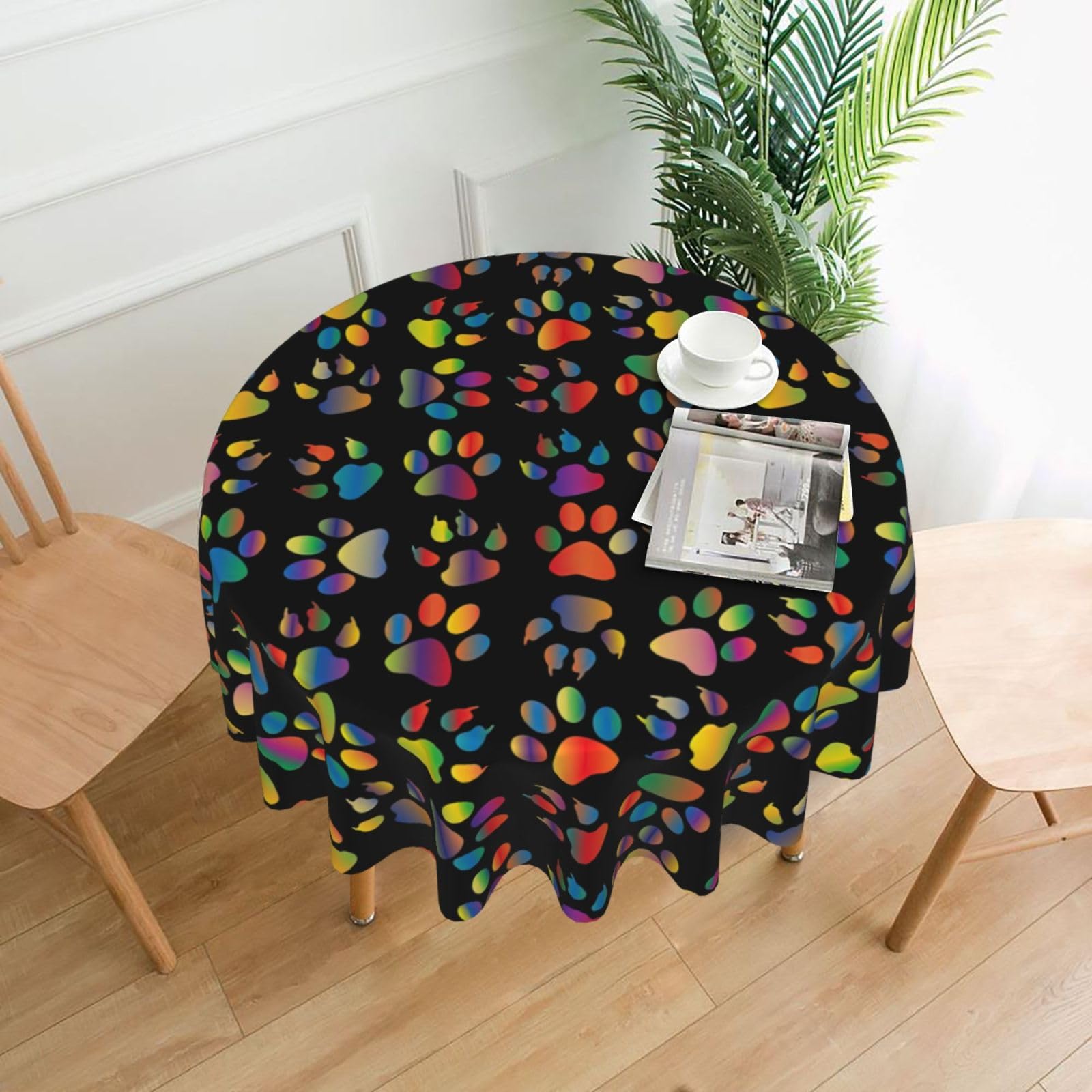 OKFSTY colorful dog paw Print Round Tablecloth 60in for Wedding Elegant Polyester Cover for Party Reception Festive Dinner