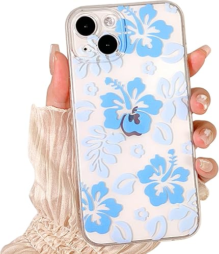 Funda compatible con iPhone 14, bonito diseño transparente de flores de hibisco con estampado floral para niñas y mujeres, TPU suave a prueba de