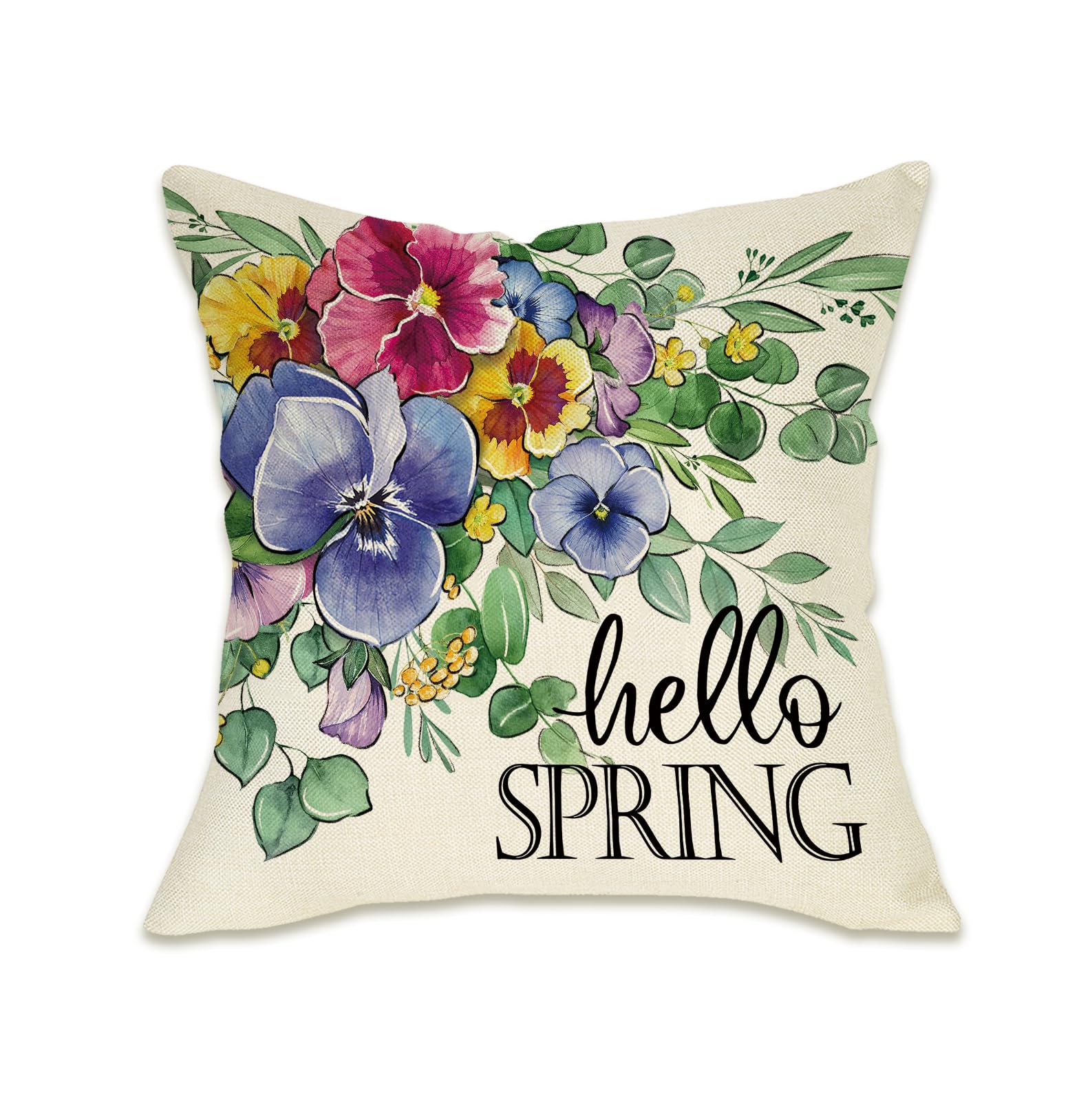 Fahrendom Hello Spring Pansy Flower Decorative Throw Pillow Cover 18 x 18 Floral Eucalyptus Leaves Porch Patio Outdoor