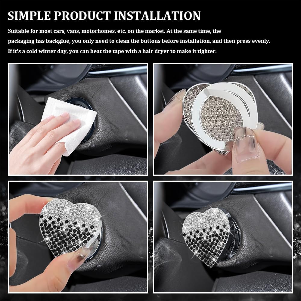 Bling Car Push Start Button Cover, Heart Shape Rhinestone Switch Knob Cover, Sparkling Crystal Key Ignition Knob Ring Protection Cover, Bling Diamond Car Accessories for Women (Gradient Black)