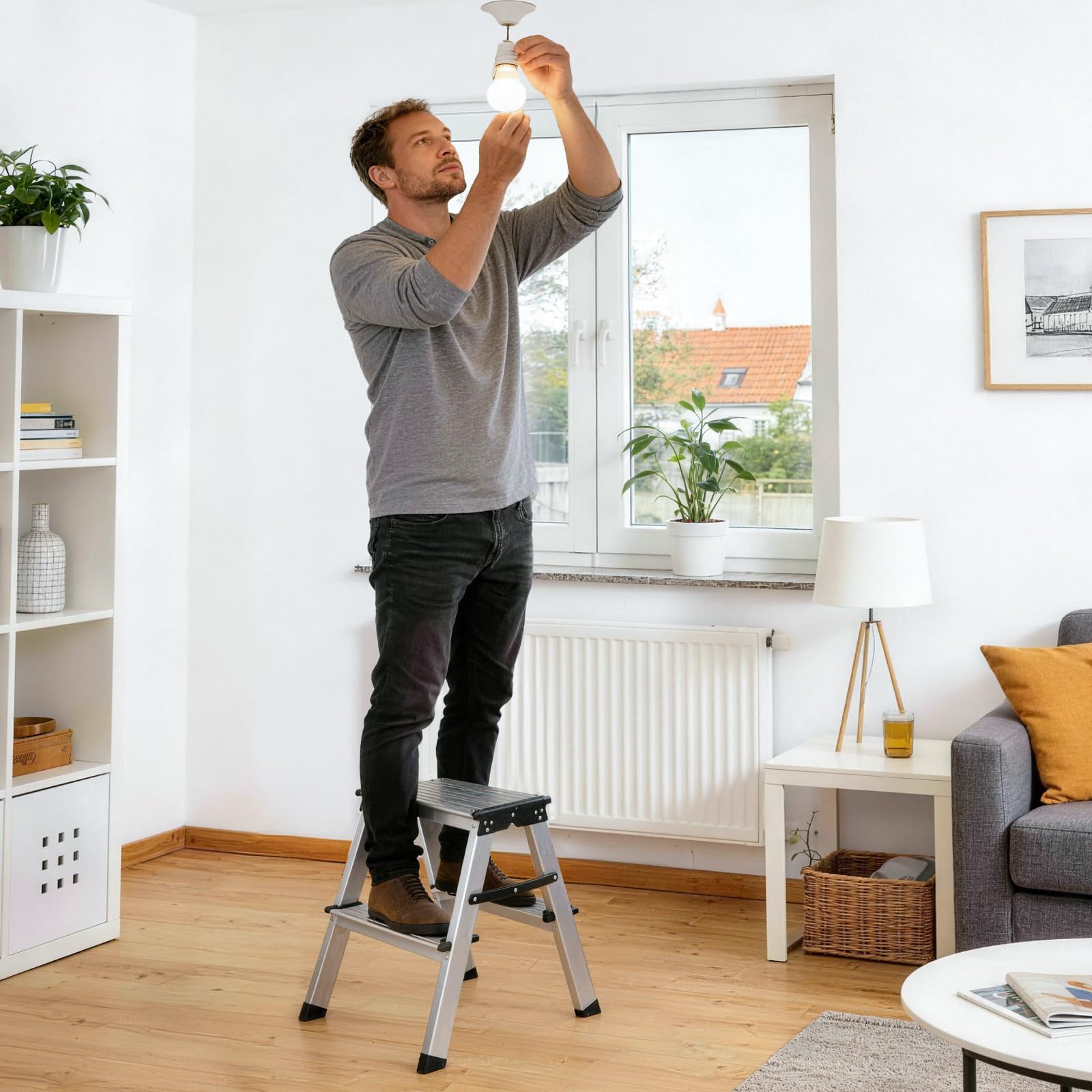 Sekey Escabeau 2 Marches Pliable en Aluminium, Marchepied Escamotable à Double accès, Marches Antidérapantes, Usage Domestique & Maison, Certifié TÜV SGS EN131 EN14183, Charge Jusqu’à 150 kg