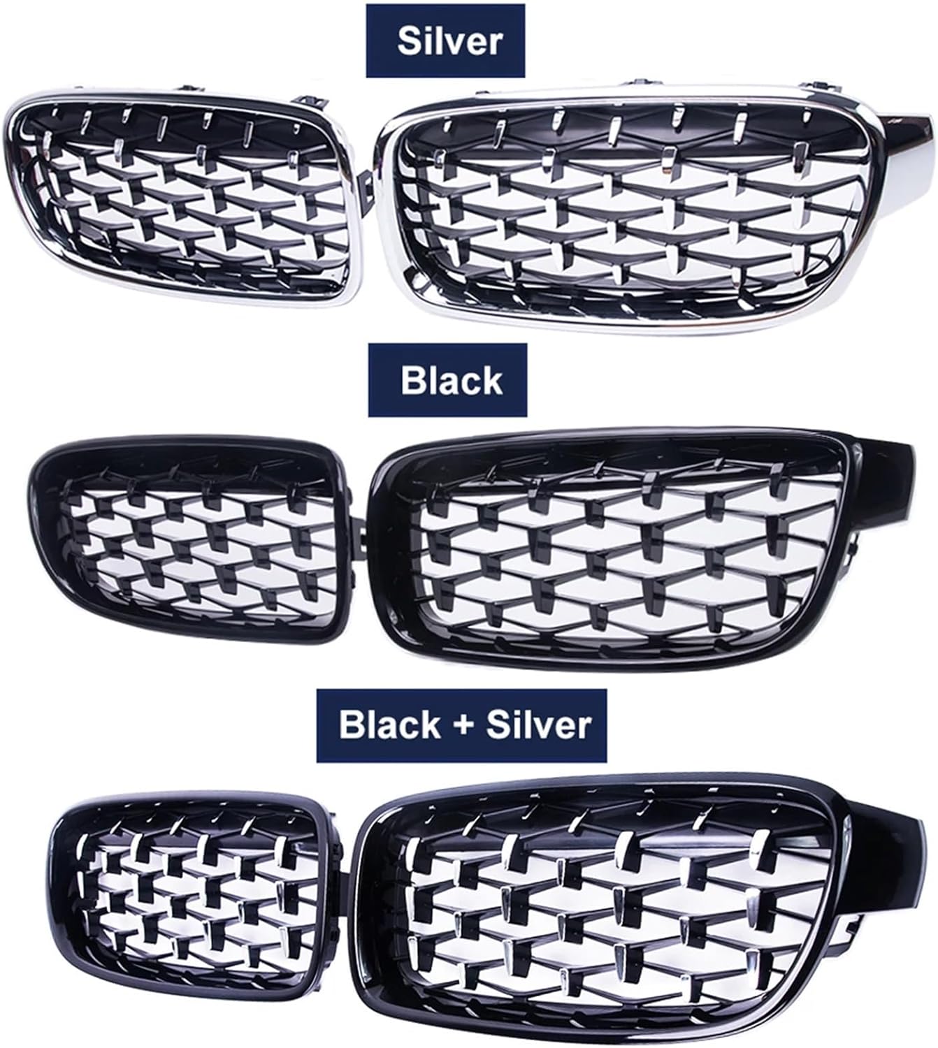 One Pair Chrome Kidney Grilles Compatible with BMW 3 Series F30 F35 F31 2012-2018 Meteor Style Diamond Style Racing Grills(Glossy Black)