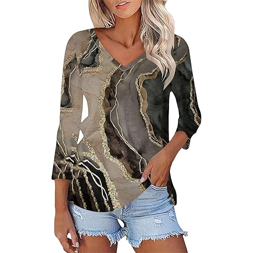 Womens Western Tops,Women's 3/4 Sleeve Tops 2025 Trendy V Neck Solid/Floral T Shirt Fashion Casual Vintage Shirts