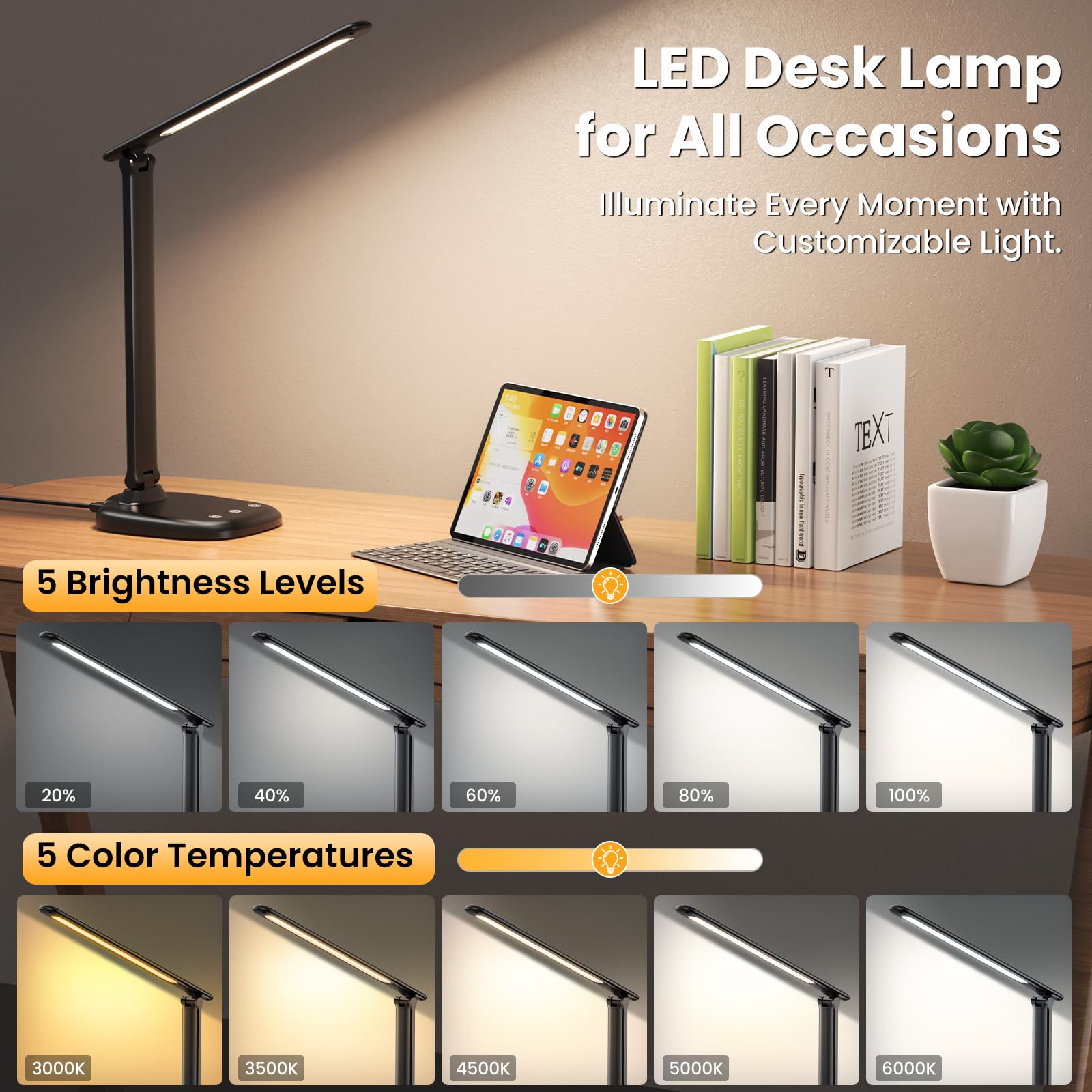 Lámpara de Escritorio, 5 Modos de Lampara Escritorio LED, Batería 4000mAh con Puerto de Carga USB, Control Táctil, Temporizador y Memoria, Flexo LED Escritorio para Cama, Oficina, Leer y Estudiar
