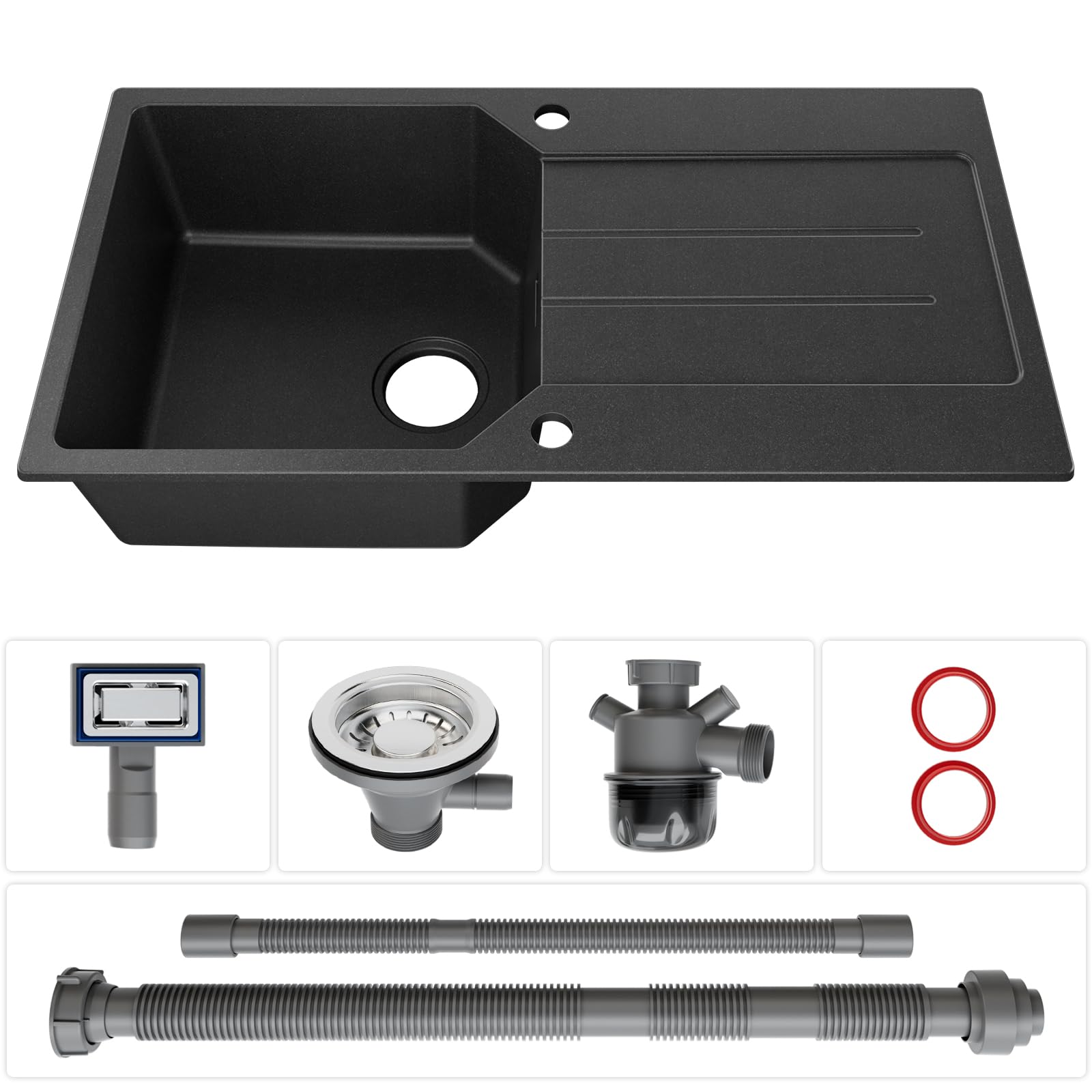 Fregadero ANYCEE Negro 86 por 45 Escurridor Set Mueble 50 cm Grifo Extensible Ducha