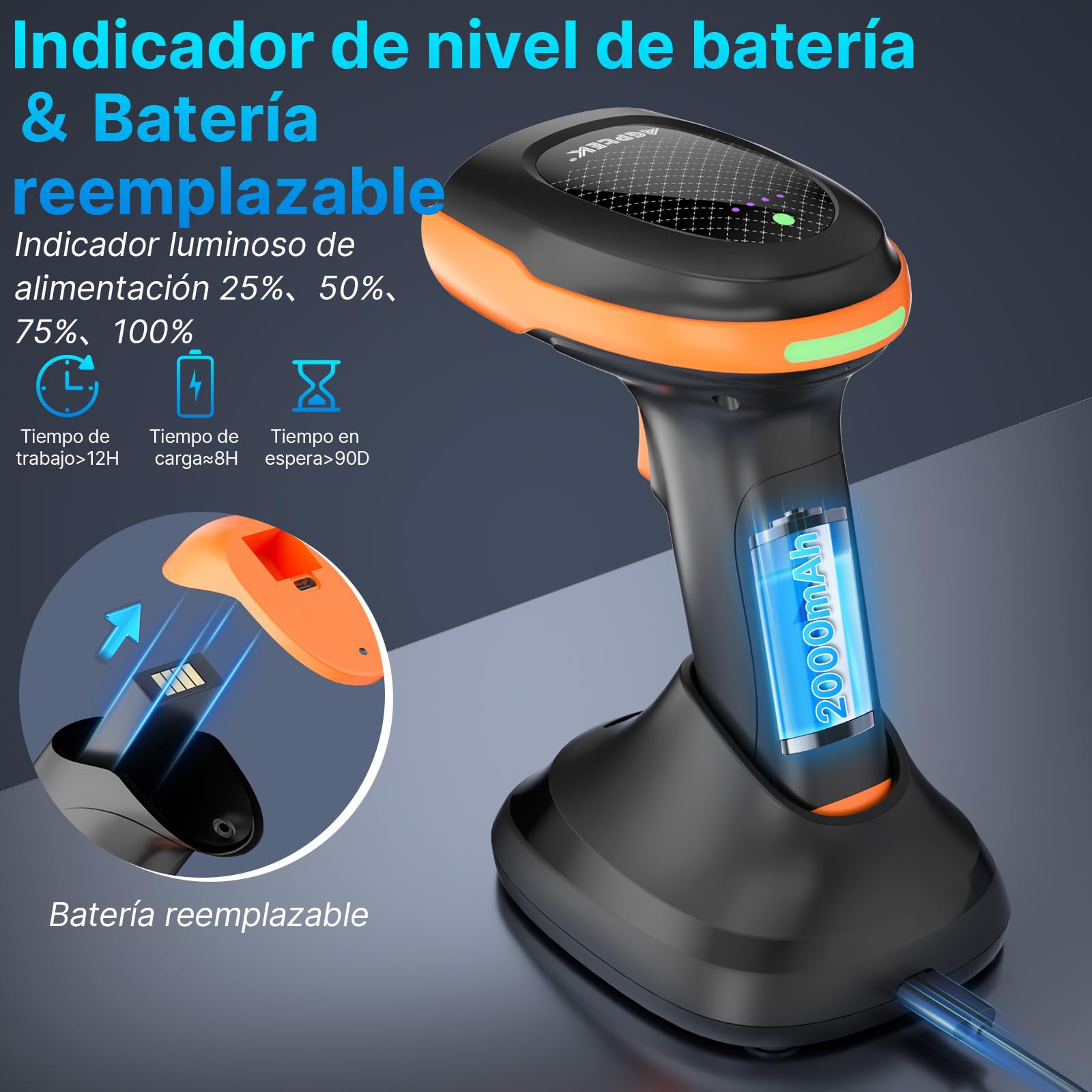 APETK Escáner de Códigos Barras 2D/QR Inalámbrico, Lector Mano con Base Carga, 100m Alcance, 20K Escaneos/Carga, para Tiendas/Almacenes