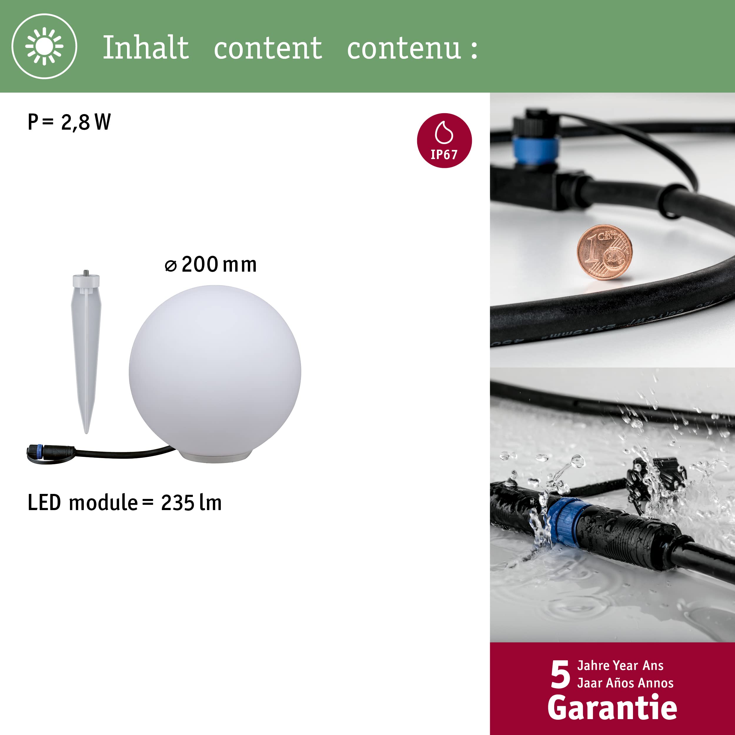 Paulmann 94177 Objeto luminoso Plug & Shine Globe IP67 3000 K 235 lm 24 V 94177 Lum.esférica, lum.exterior, iluminación jardín, iluminación terraza