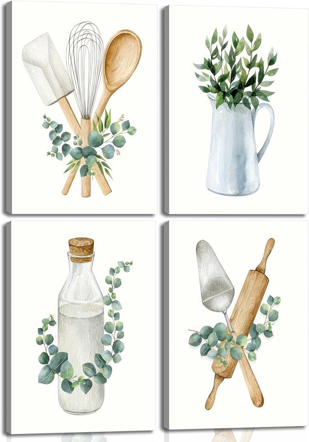 4Pcs Boho Kitchen Canvas Wall Art Sage Green Plants Pictures Eucalyptus Leaves Paintings Kitchenware Botanical Posters Prints for Living Room Bedroom Office Wall Decor Framed