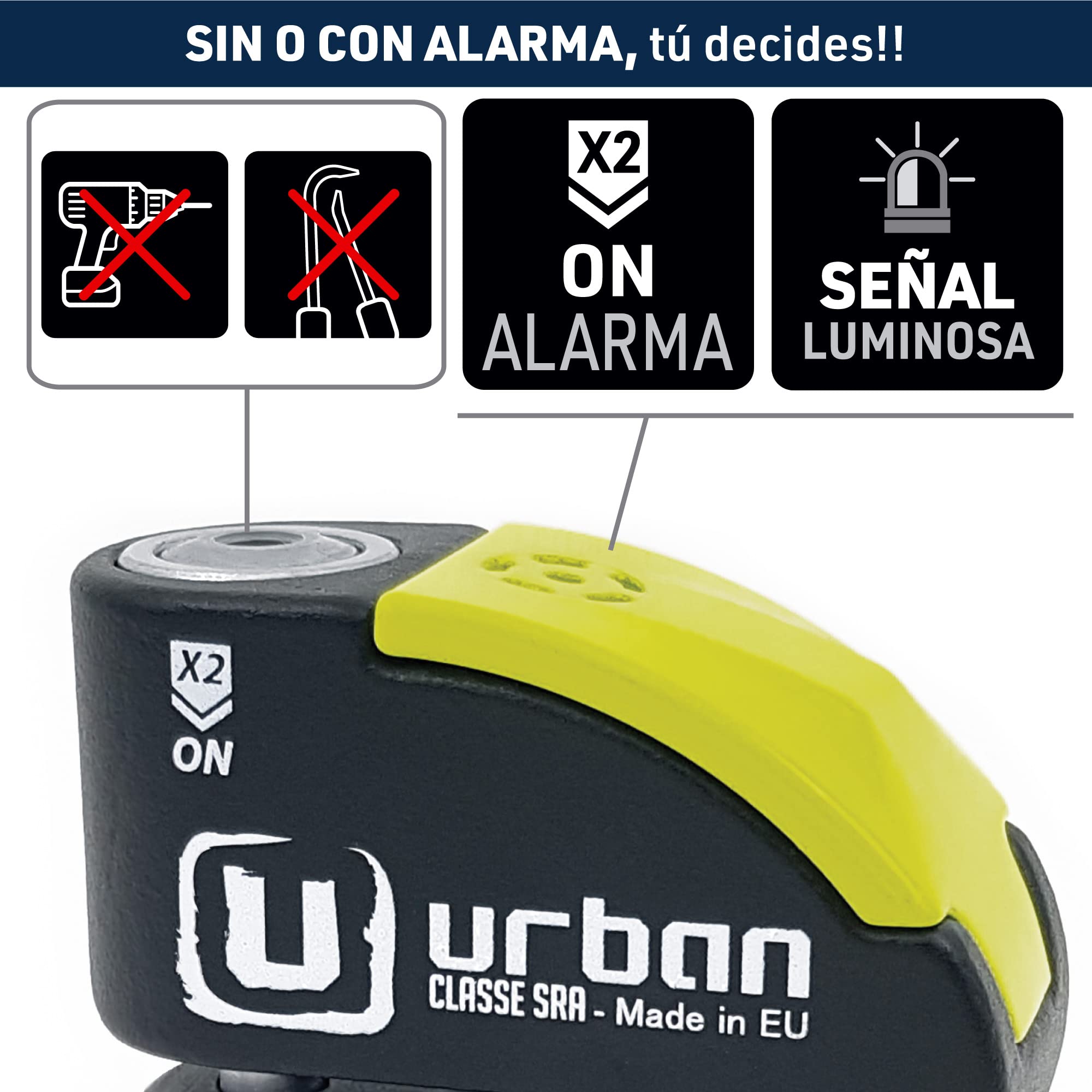 URBAN UR10 Candado Moto Homologado | Antirrobo Disco sin/con Alarma Hi-Tech Más Eficaz, 120dB, LED, Warning Inteligente, Sensibilidad A+ | Cepo Moto Pinza Freno, Doble Cierre 10mm, Acero Endurecido