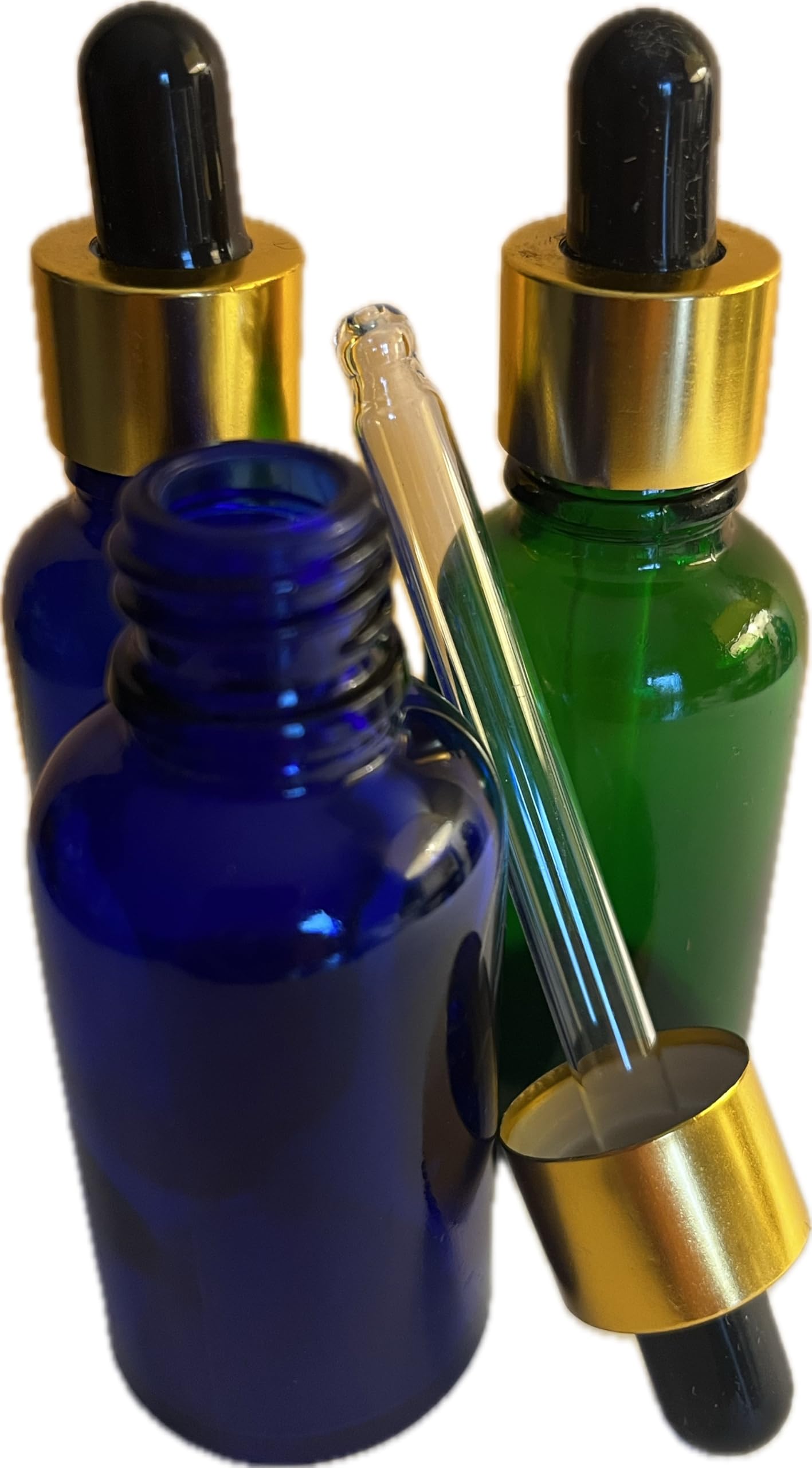 Flacon compte-goutte en verre bleu 50ml avec pipette dorée pour cosmétiques maison