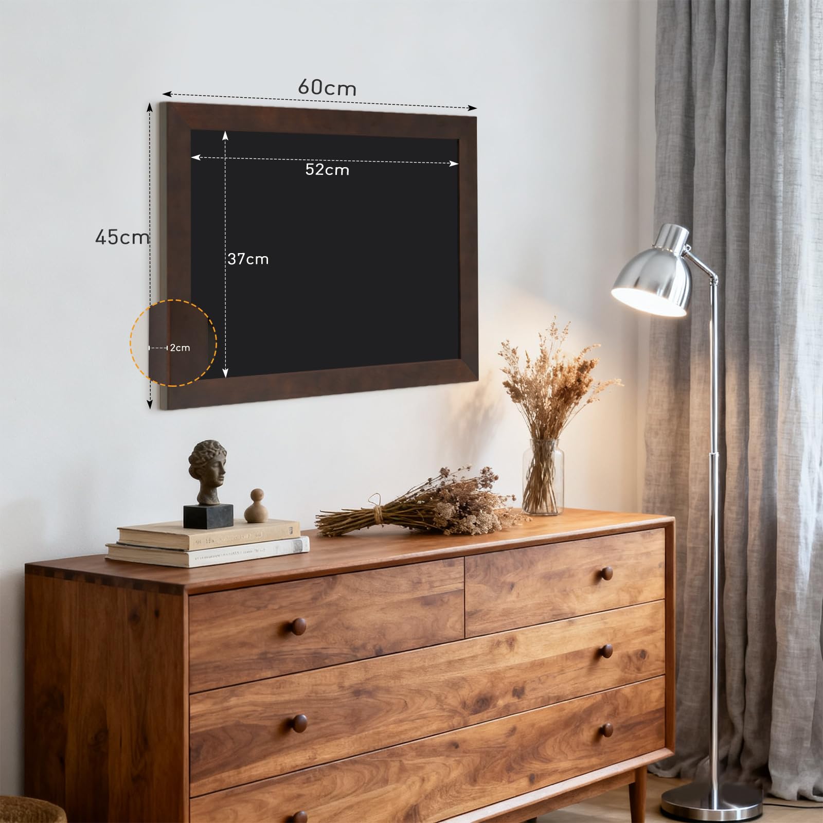 DOLLAR BOSS Magnetische Kreidetafel 60x45cm, Magnettafel Schwarz Blackboard | Rahmen aus massivem Kiefernholz, Wandtafel Kreidetafel zum aufhängen Magnetwand für Küche Bar Café und Büro, Braun