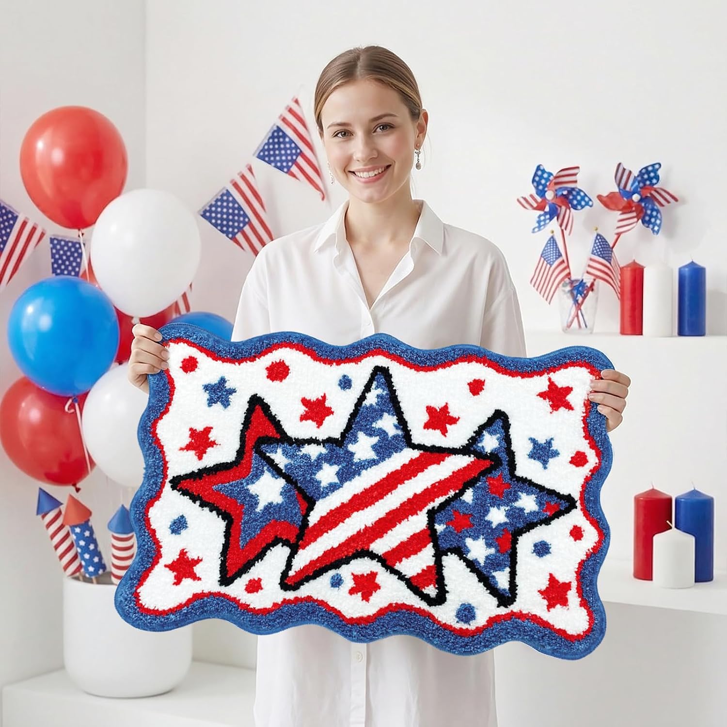 Lindameler 4th of July Bath Mat Soft Washable Patriotic Bath Rug 20 X 30 Inch American Flag Red Blue Stars Patriotic Rug Doormat for Independence Day Decorations