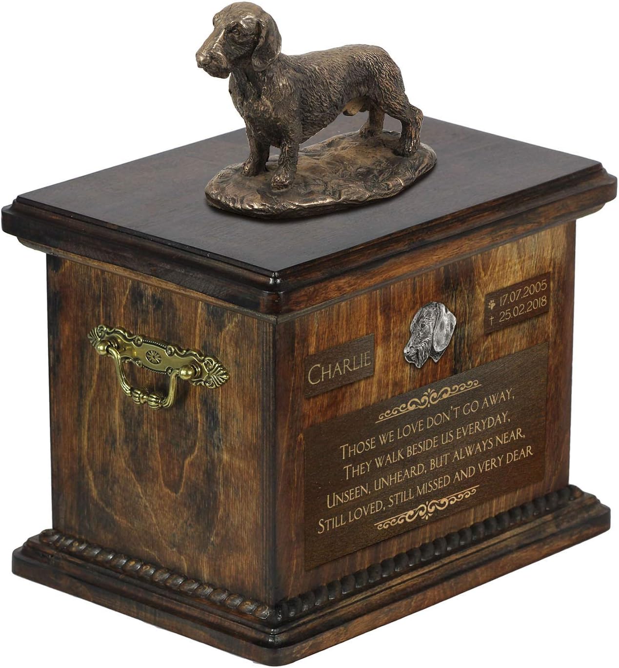 Art-Dog Custom Dog Sitting Statue Memorial Urn - Handmade Cold Cast Bronze on Birch Base – Sturdy and Stylish Urn for Dog’s Ashes – 8.3x11.4x8.7 – 5l – Dachshund