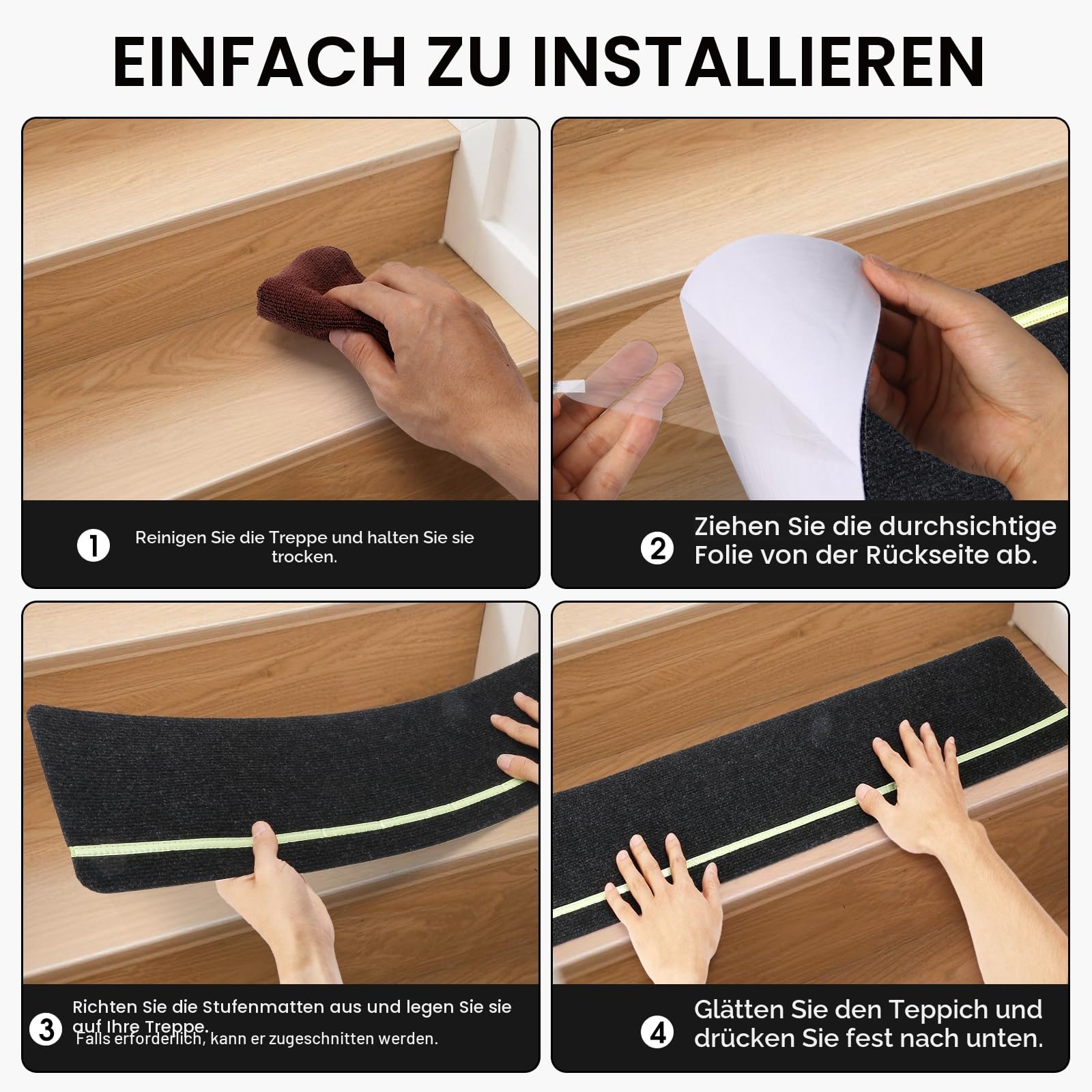 DEKEones 15 Stück Treppenmatten mit Glow in Dark Streifen, 76x20cm Treppenmatten Selbstklebend für Holztreppen, 100% Polyester TPE Rückseite Treppenteppich für Kinder, Ältere und Haustiere（schwarz）
