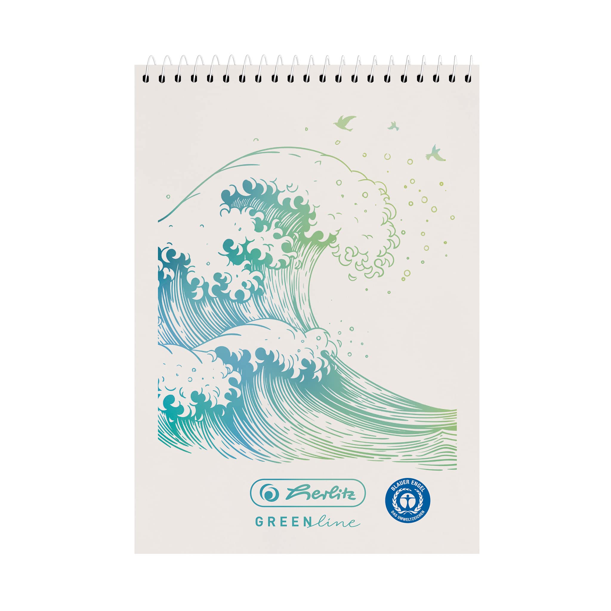 herlitz 50033553 Spiral-Notizblock A7, 50 Blatt, kariert, Motiv: GREENline Welle, 5 Stück