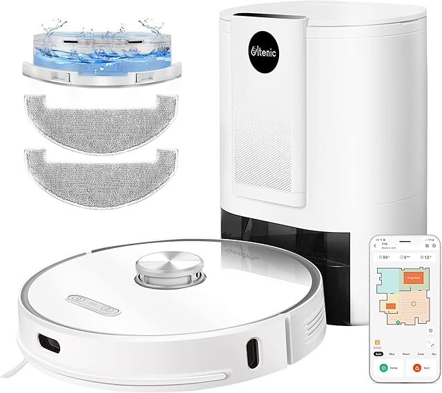 Ultenic T10 Robot Vacuum Cleaner with Mop, Self-empty Base, 3000Pa, Laser Navigation, Wi-Fi Connected, App Control, Multi-floor Mapping, Self-charging Robotic Vacuum for Pet Hair Hard Floor Carpet