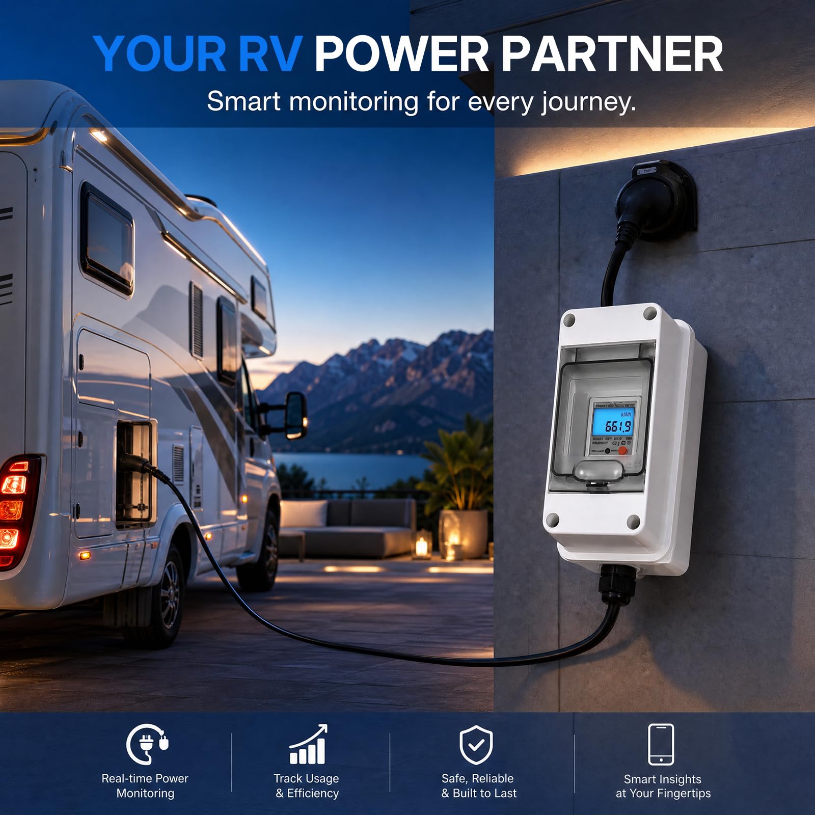 Contador Eléctrico Digital Portátil, 230V 16A, IP65, Reinicio, Cable 1m | Ideal para autocaravana, Vehículo eléctrico, Hogar, Lectura digital fácil, Resistente al agua IP65, Cálculo preciso