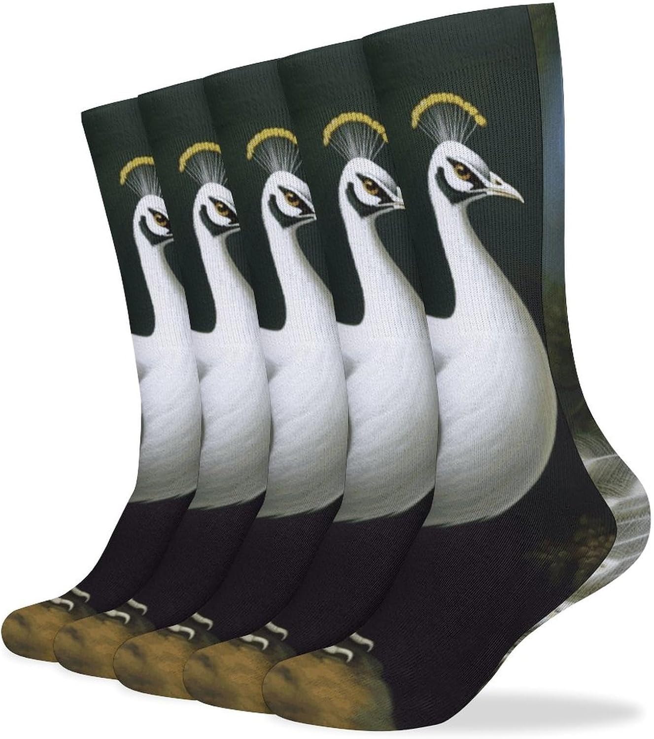White Peacock Crew Socks Cozy Casual Calf Socks Lightweight Long Work Sock Breathable Athletic Sock for Hiking Sports Running 5 Pairs