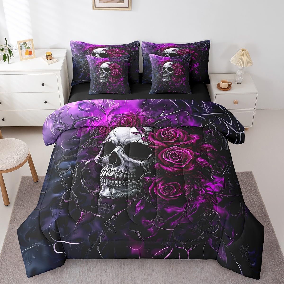 Feelyou Sugar Skull Comforter Set with Sheets Purple Blue Rose 7 Piece Bedding Set Queen Size for Kids Gothic Skull Bed in a Bag Scary Bed Set - Image 3