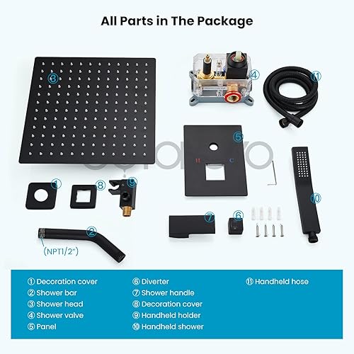Miniatura 27 de gotonovo - Sistema de ducha de lluvia de 10 pulgadas de níquel cepillado de lujo, cabezal de ducha de alta presión, juego de grifo de ducha de mano