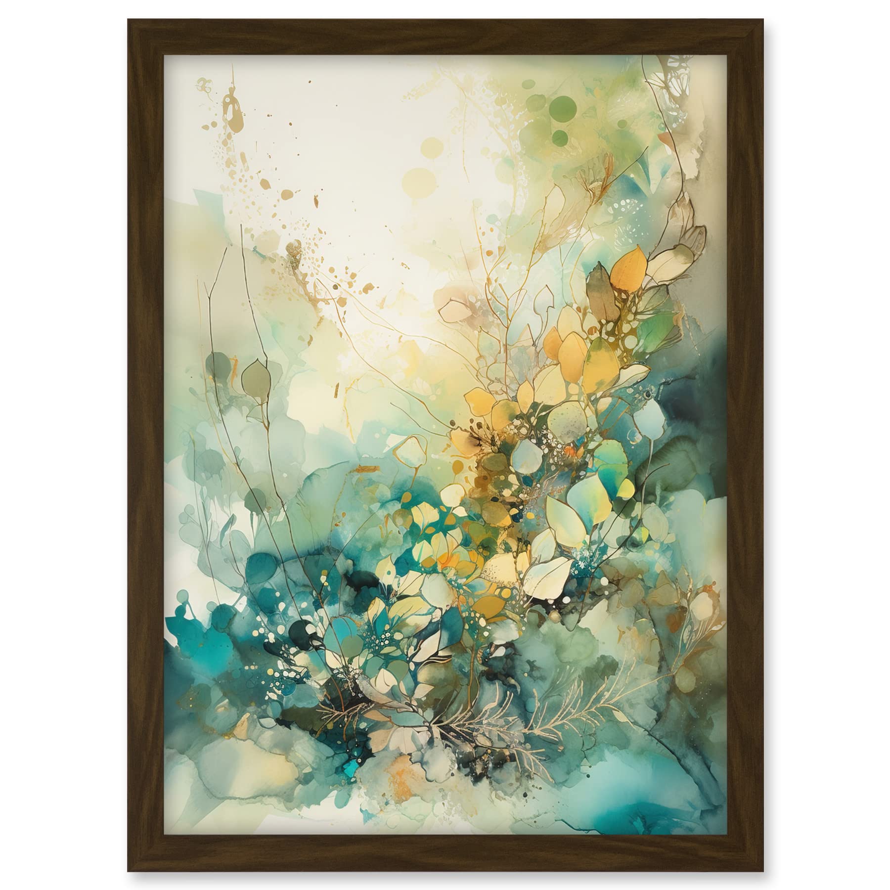 Artery8 Wild Plant Flora in Teal Blue and Orange Modern Watercolour Painting Artwork Framed A3 Wall Art Print