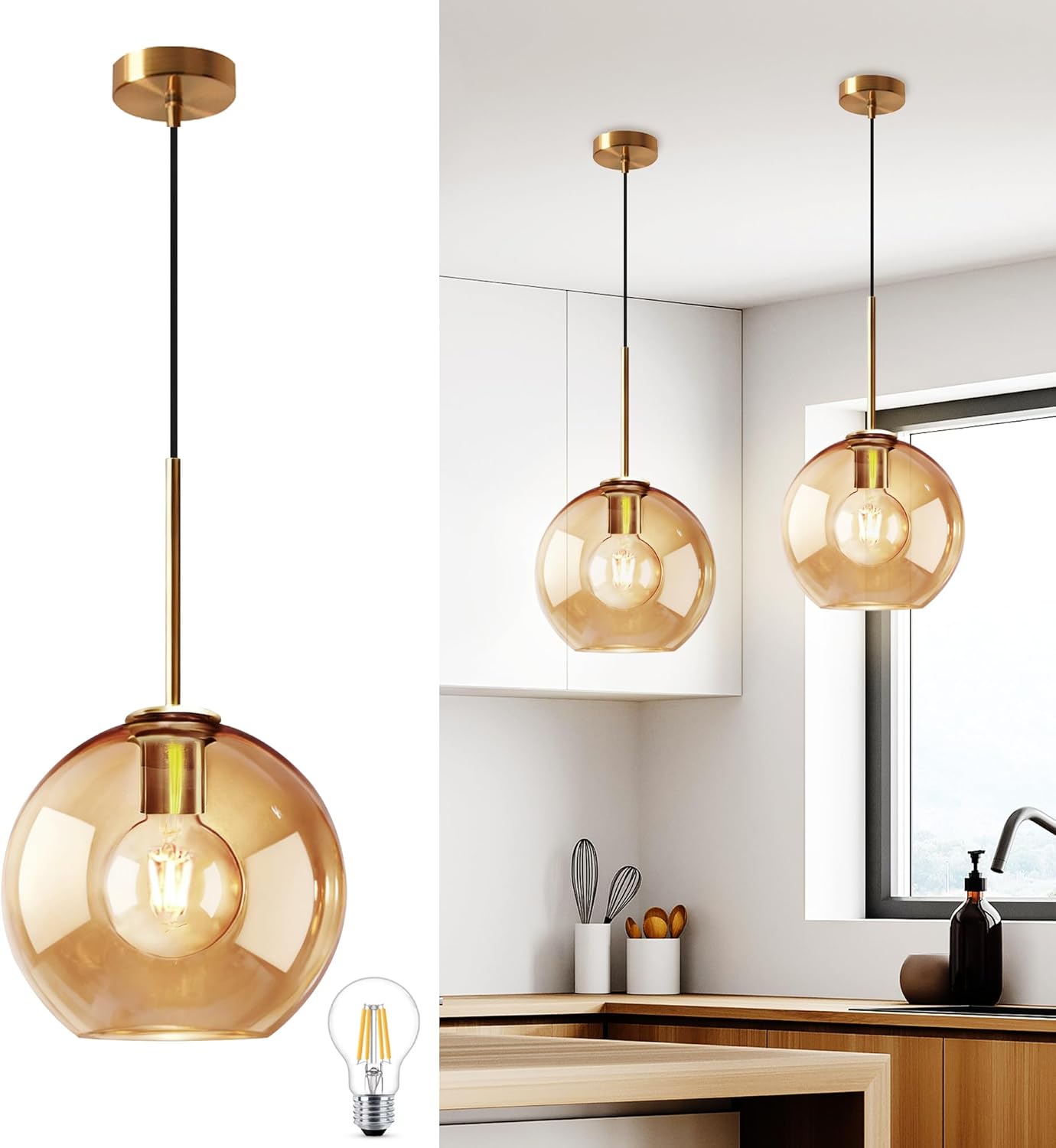 Amber Glass Pendant Lights Kitchen Island Lighting Globe Pendant Light Fixtures Modern Pendant Lighting for Kitchen Island Bedroom Living Dining Room Light Fixture(7.9in,1-Pack)