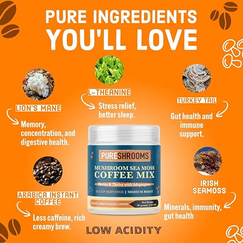 Miniatura 4 de PureShrooms Café instantáneo de hongos Sea Moss - Arábica colombiana liofilizada con melena de león, cola de pavo, L-teanina - baja acidez, suave -