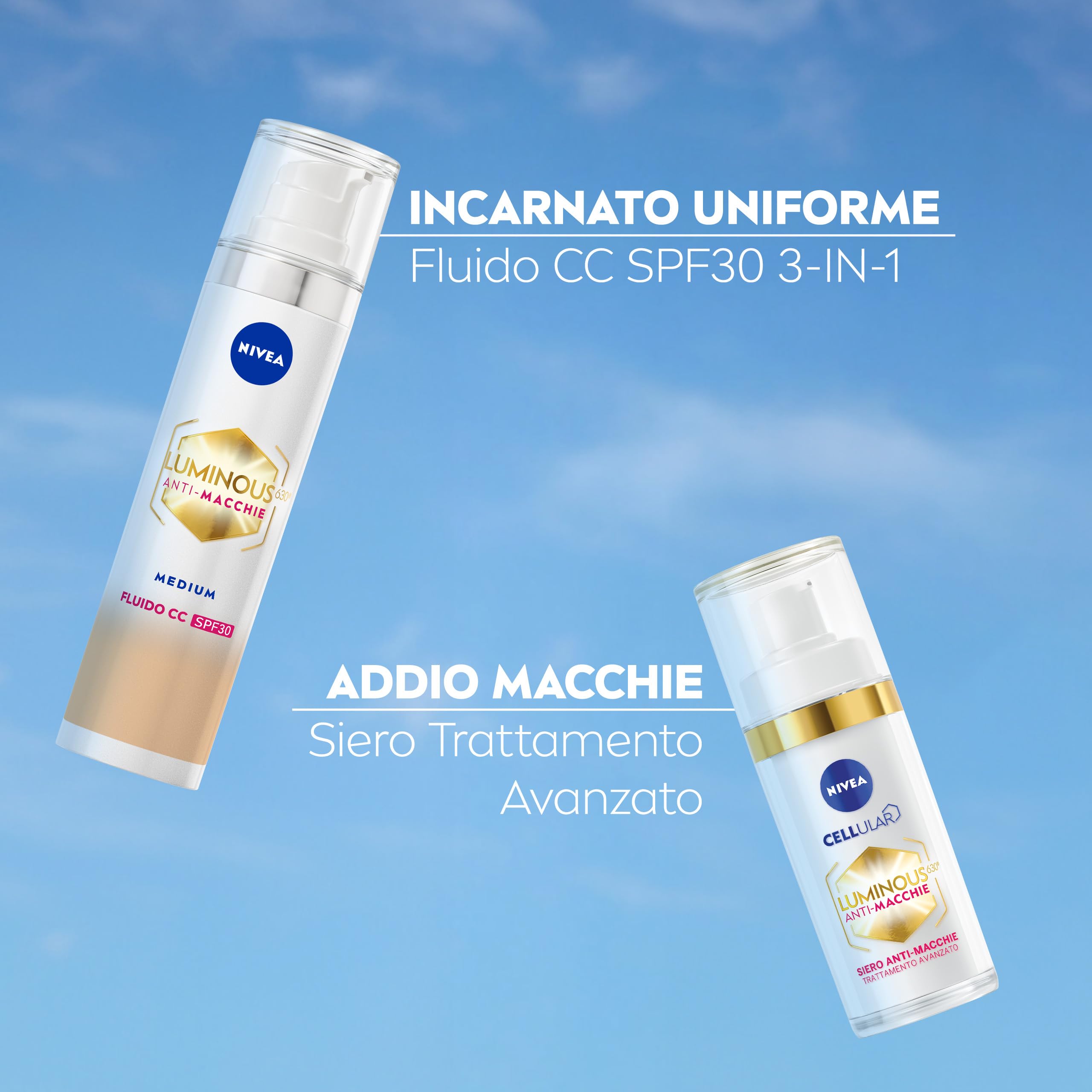 NIVEA Luminous630 Routine, Cofanetto Set Skincare con Siero Viso Trattamento Avanzato 30 ml e Fluido CC Cream SPF 30 3-in-1 Medium 40 ml per la cura completa delle macchie – Kit Esclusiva Amazon