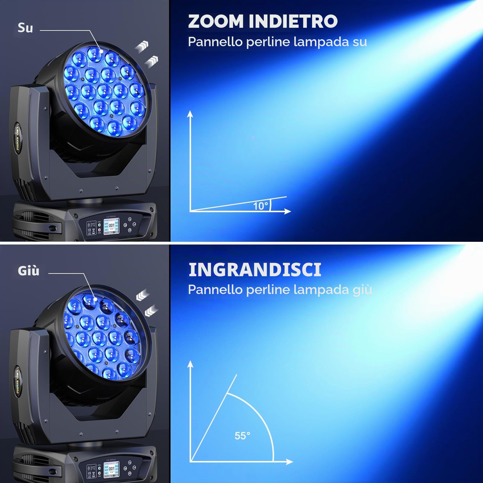 19 X 15W Wash Zoom Teste Mobili, RGBW 4 in 1 LED Fuoco Fascio Luce 4 Modalità di Controllo Professionale Palcoscenico Moving Head per Partito KTV Concerto Bar Festival Matrimonio Discoteca