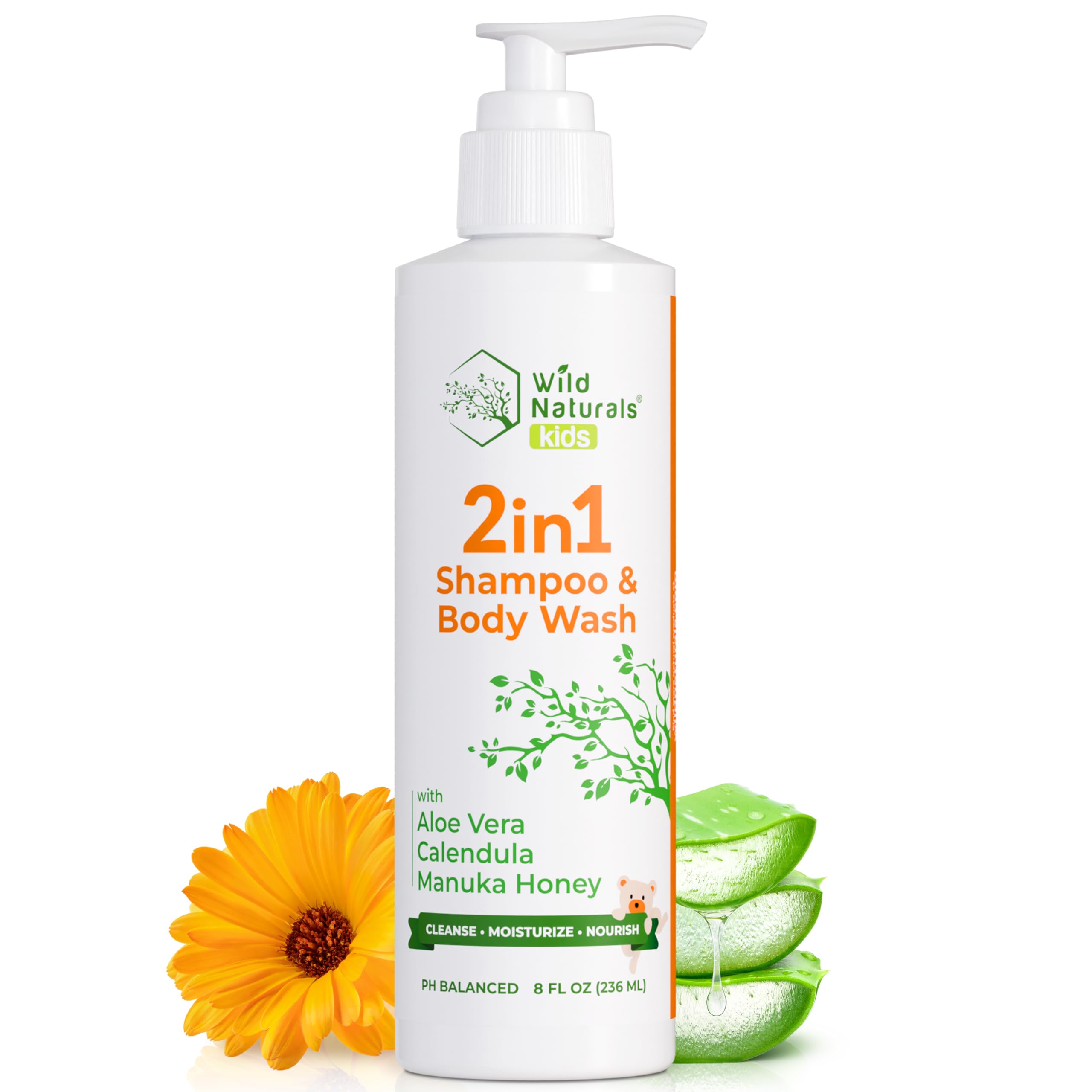 Wild Naturals Champú y gel de ducha para bebés con eccema, gel de ducha suave para niños con aloe, caléndula y miel de manuka, fórmula natural, hipoalergénico, sin irritación, para seco y