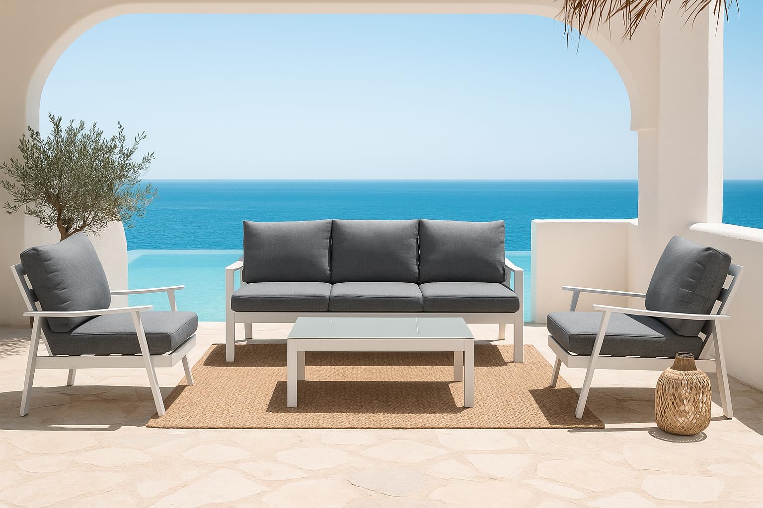 MOMMA HOME Set tavolo e poltrone da giardino - Tavolino e divani in terrazza, set giardino esterno, divano + 2 poltrone + tavolino da caffè in vetro temperato, JAVEA