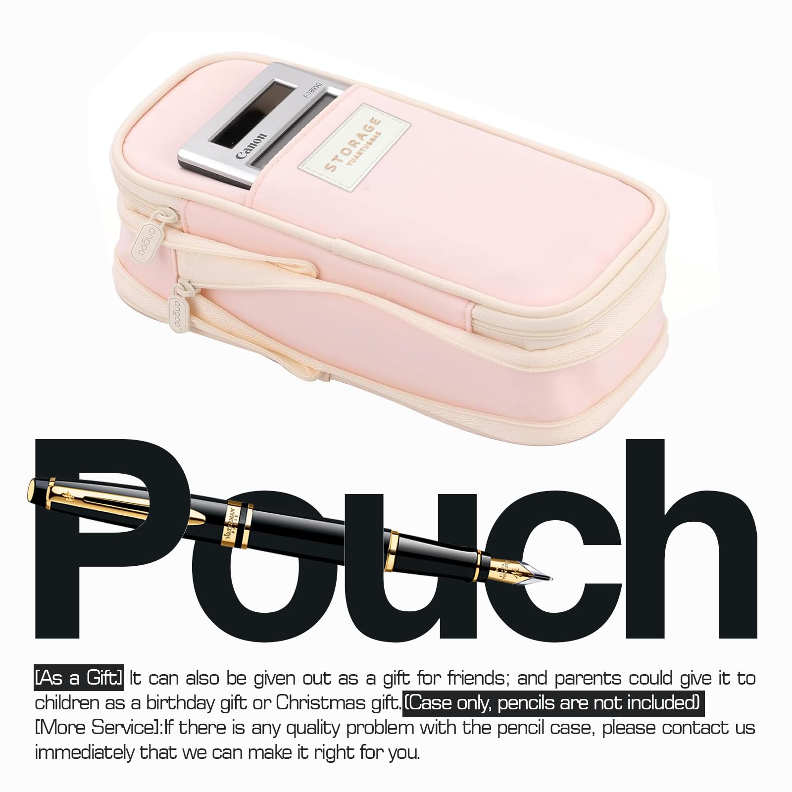 Lyrovo Large Capacity Pencil Pouch Case for School & Office Multi Compartment Organizer Durable Nylon (Pink) 2