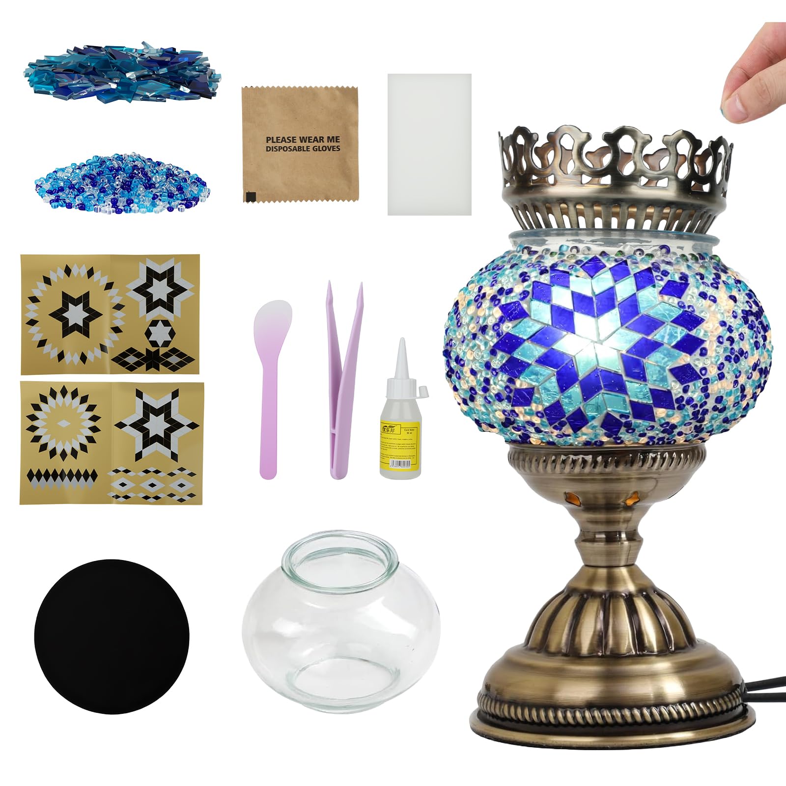 Longzhuo Turkish Moroccan Mosaic Bedside Table Night Lamp, Tiffany Style Handmade Glass Mosaics Aromatherapy Lamp, Unique Vintage Bohemian Turkish Lamps for DIY Home Decor Gifts (Blue)