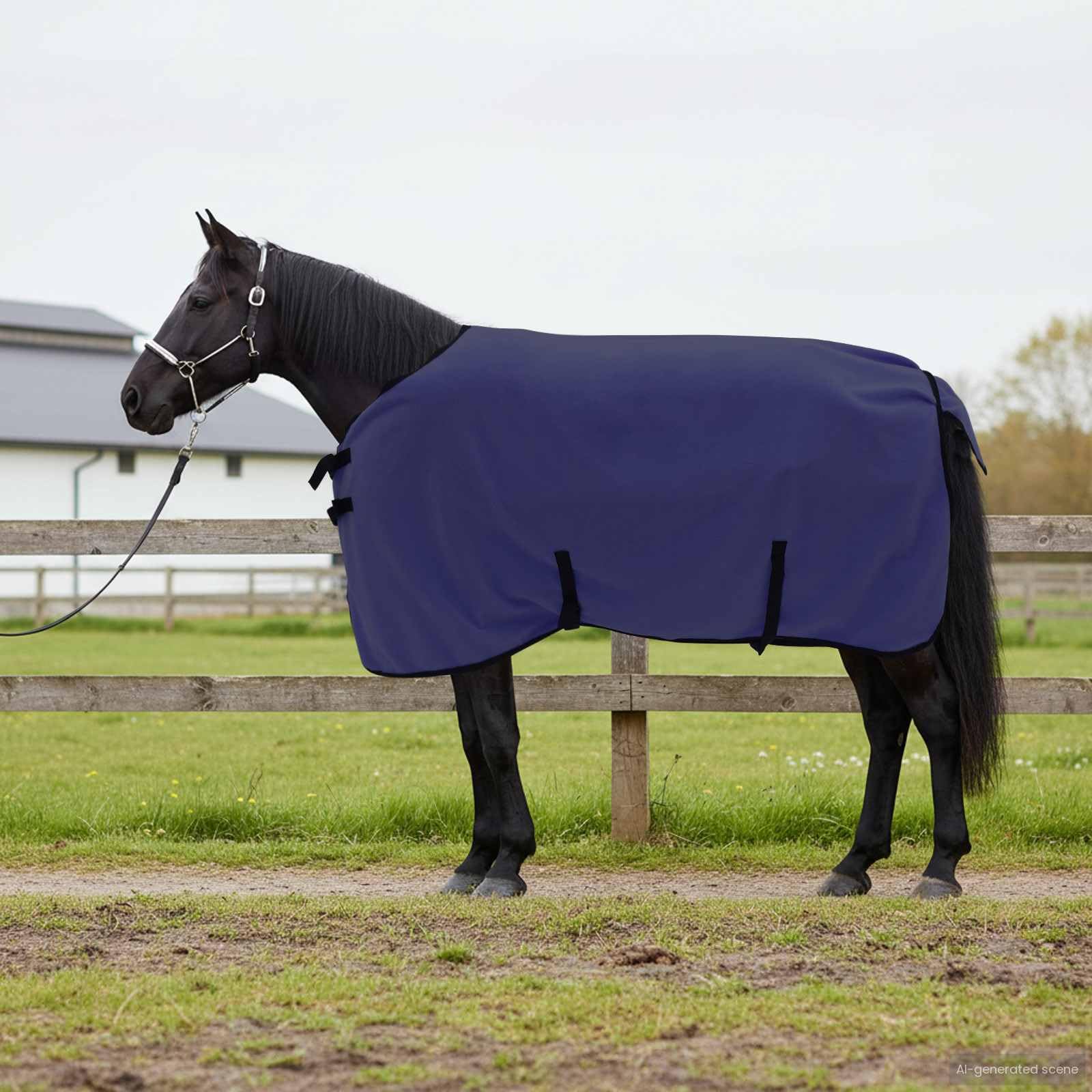 Manta para caballo azul marino de poliéster de 115 cm con cierre ajustable en el pecho y cinturón abdominal, manta de invierno transpirable para establo y pasto, impermeable y ligera