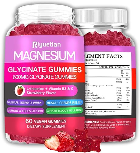 Gomitas de glicinato de magnesio de 600 mg de alta absorción, suplemento de magnesio premium con vitamina D3, B6 y potasio, delicioso sabor a fresa,