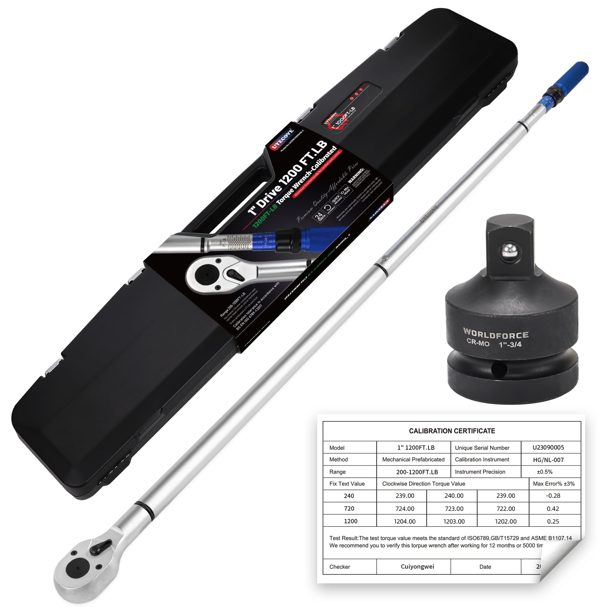 Photo 1 of 1-Inch Drive Click Torque Wrench, Dual-Direction Click Professional Torque Wrench 200-1200FT.LB/271-1356.7N.M, Dual Range Scales Graduated in FT.LB and N.M 1-Inch 200-1200FT.LB