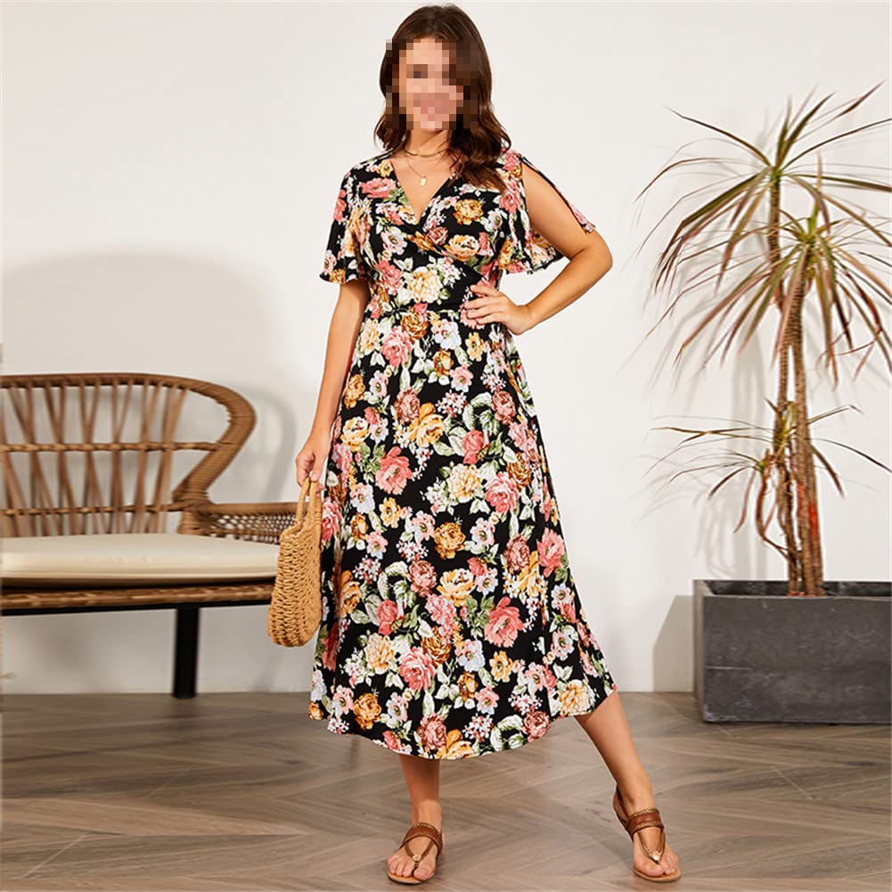 Vsadsau Vestido largo de gasa de verano para mujer, manga corta, cuello en V, talla grande, estampado floral, vestido midi casual