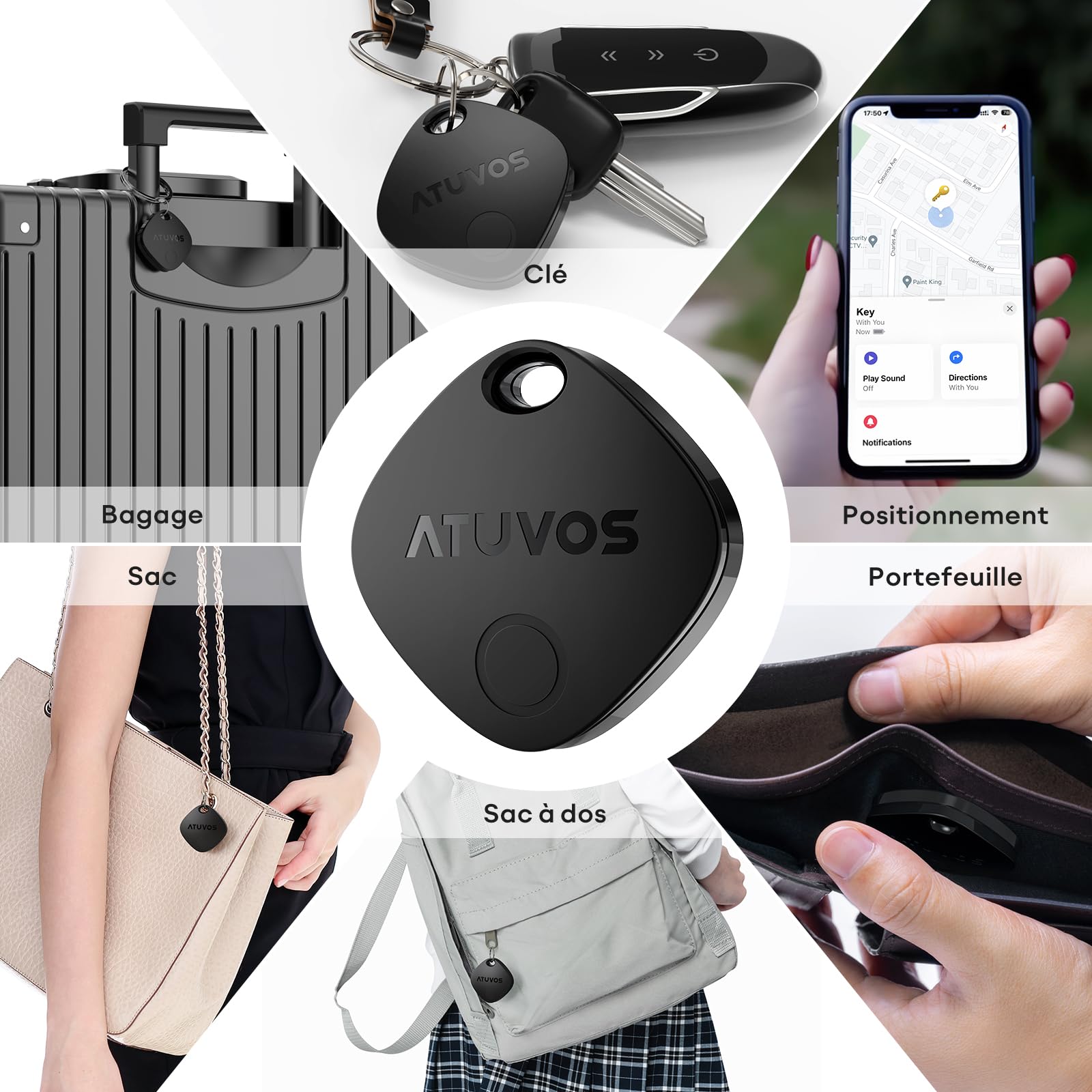 ATUVOS Air Tag Traceur Lot de 4, Fonctionne avec l’app Localiser Apple (Uniquement iOS), Localisateurs D’Objets Bluetooth pour Valises/Portefeuilles/Clés/Sacs/Bagages, Batterie Remplaçable, Noir