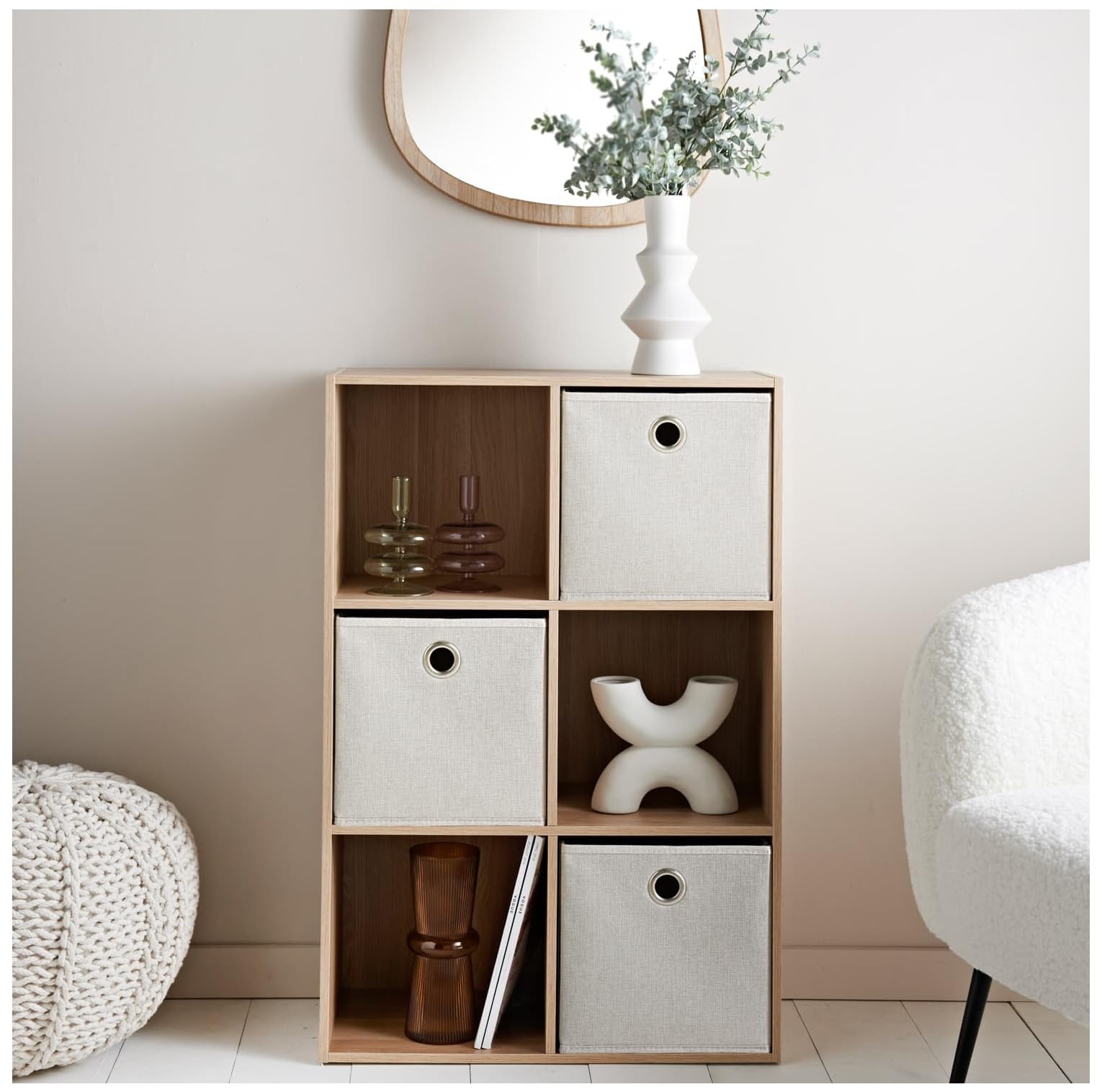 Homme Concept – 6 Cube Storage with 3 baskets, Oak Living Room Bookcases and Shelving Unit, Kids Bookcases, Free Standing Wooden Bookcase, Storage Organiser, BookShelf.