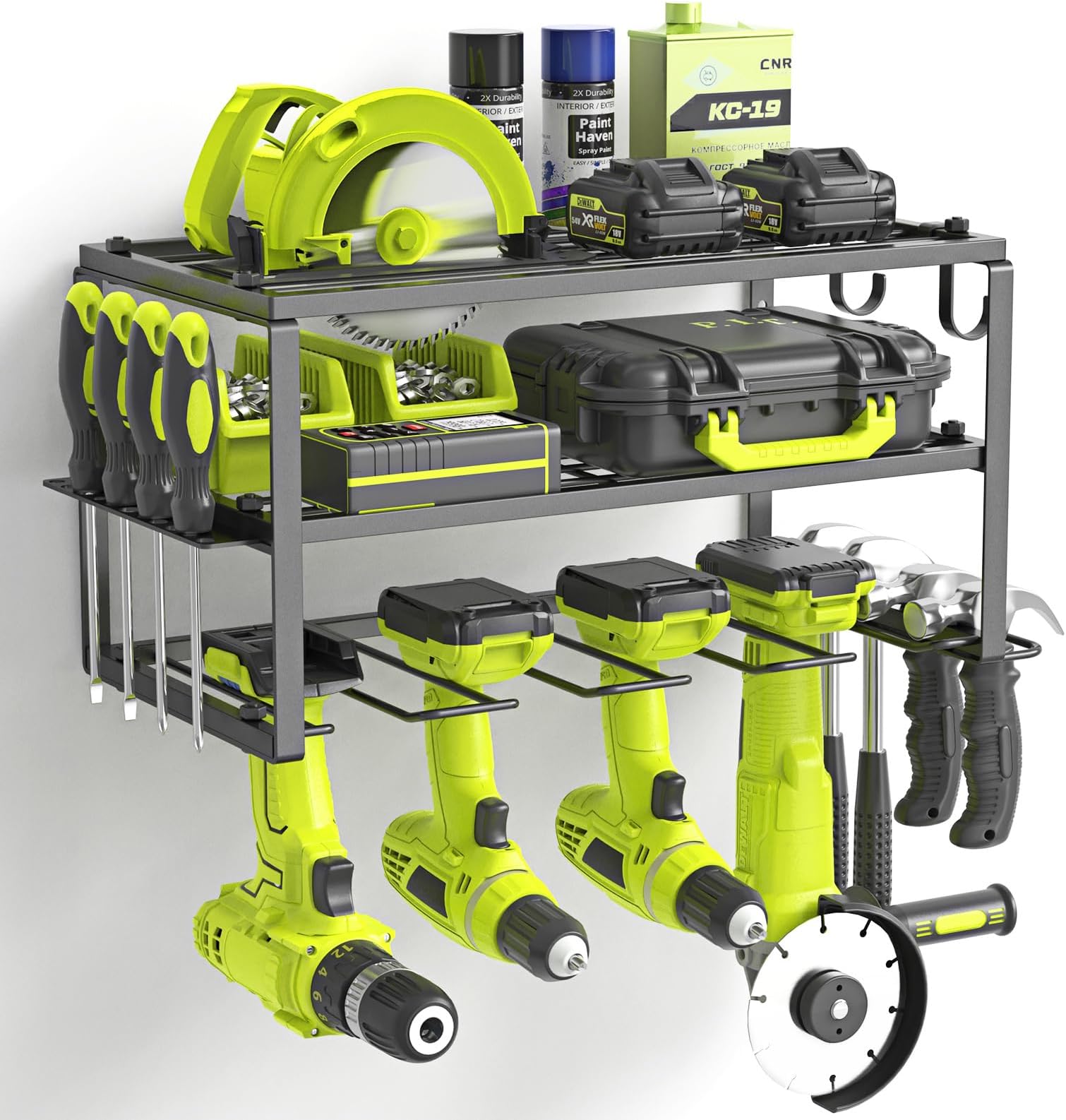 Power Tool Organizer Storage Rack, Wall Mount Drill Holder for 4 Power Drill Tools, 3 Layers Tool Rack with Side Screwdriver Rack for Garage, Workshop