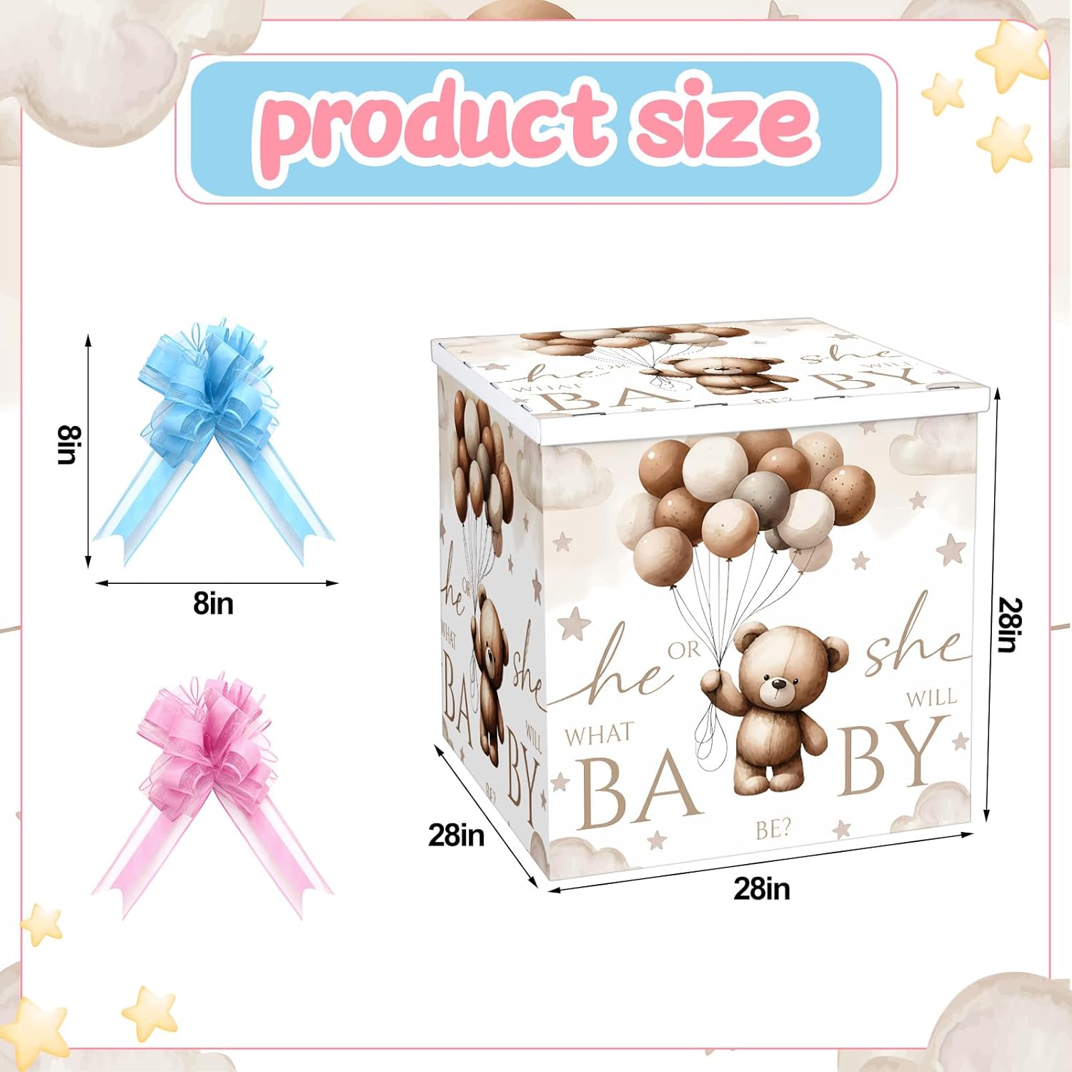 amazingspark 28in jumbo gender reveal gift box kit with oversized box giant pull bows for gender reveal baby shower birthday party decor (neutral bear)
